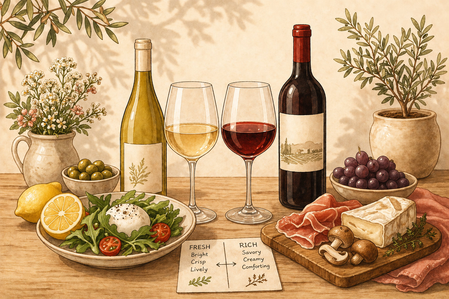 Editorial illustration of a wooden table with both white and red wine glasses, surrounded by fresh ingredients like lemon and herbs on one side and rich foods like cheese and cured meat on the other, with space above for a title.