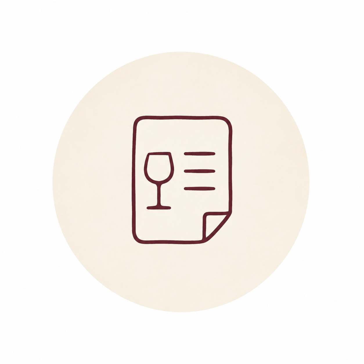 Cream circular icon with a burgundy outline of a wine journal page featuring a wine glass and text lines.