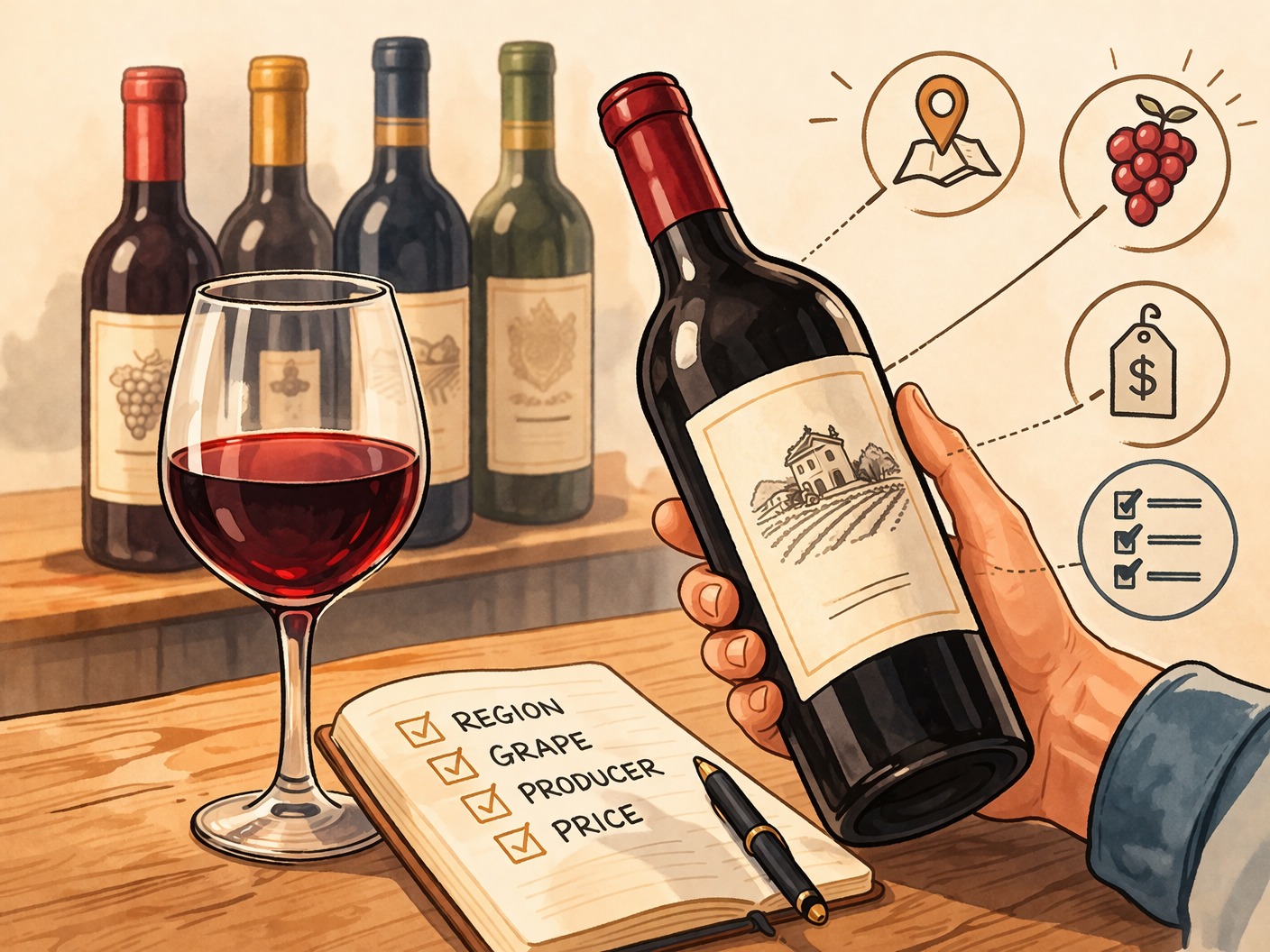 Illustration of a person holding a wine bottle while evaluating it, with a glass of red wine, a notebook checklist for region, grape, producer, and price, and other bottles in the background.