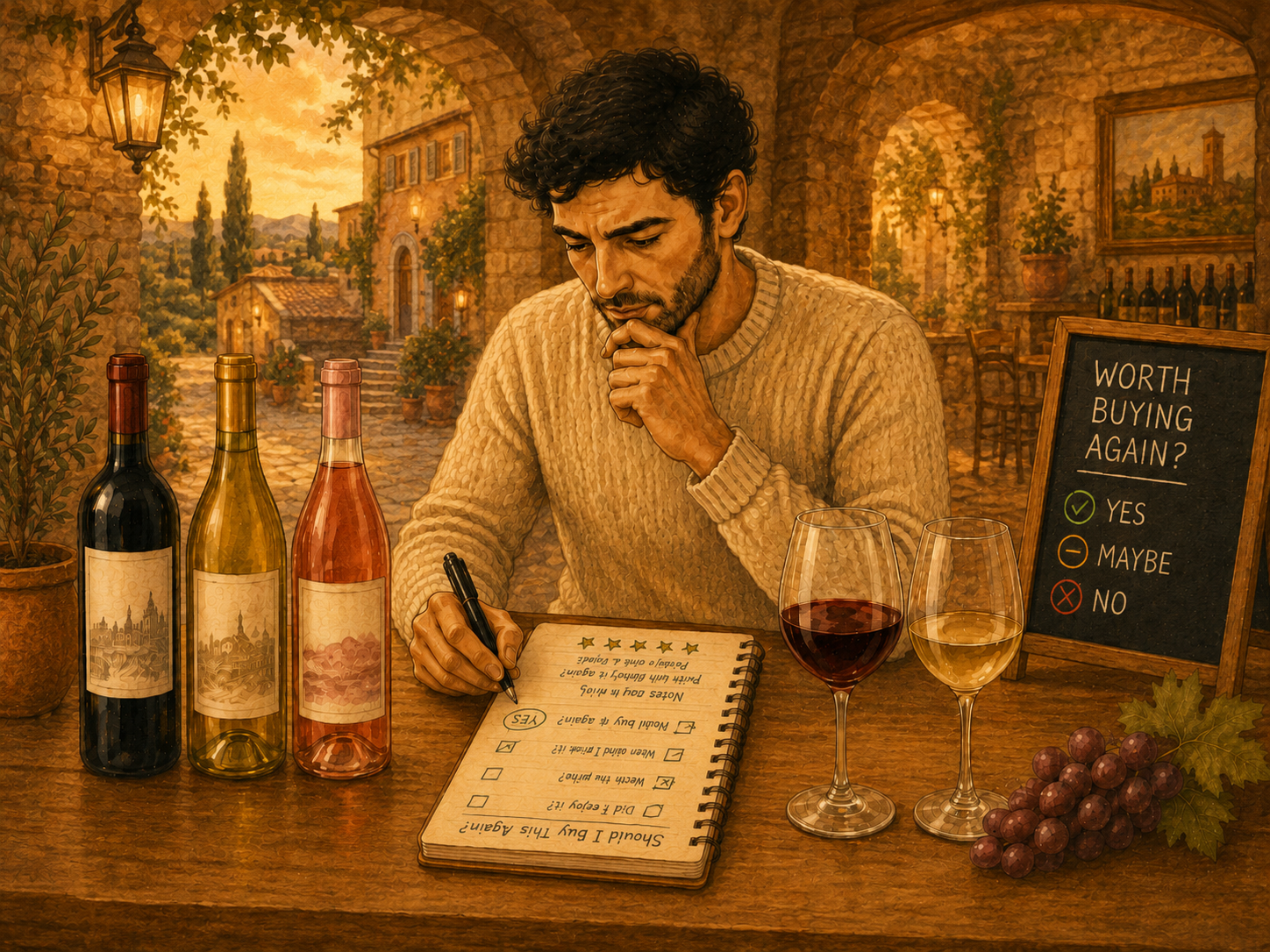 Watercolor-style illustration of a man in a cream sweater comparing wines at a wooden table with three bottles, two filled glasses, a tasting notebook and a chalkboard that says “Worth Buying Again?” with yes, maybe and no options.