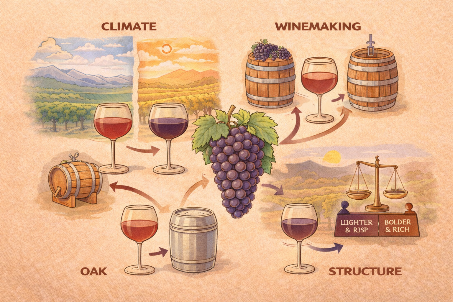 Illustration showing how climate, winemaking, oak, and structure affect how the same grape tastes.”