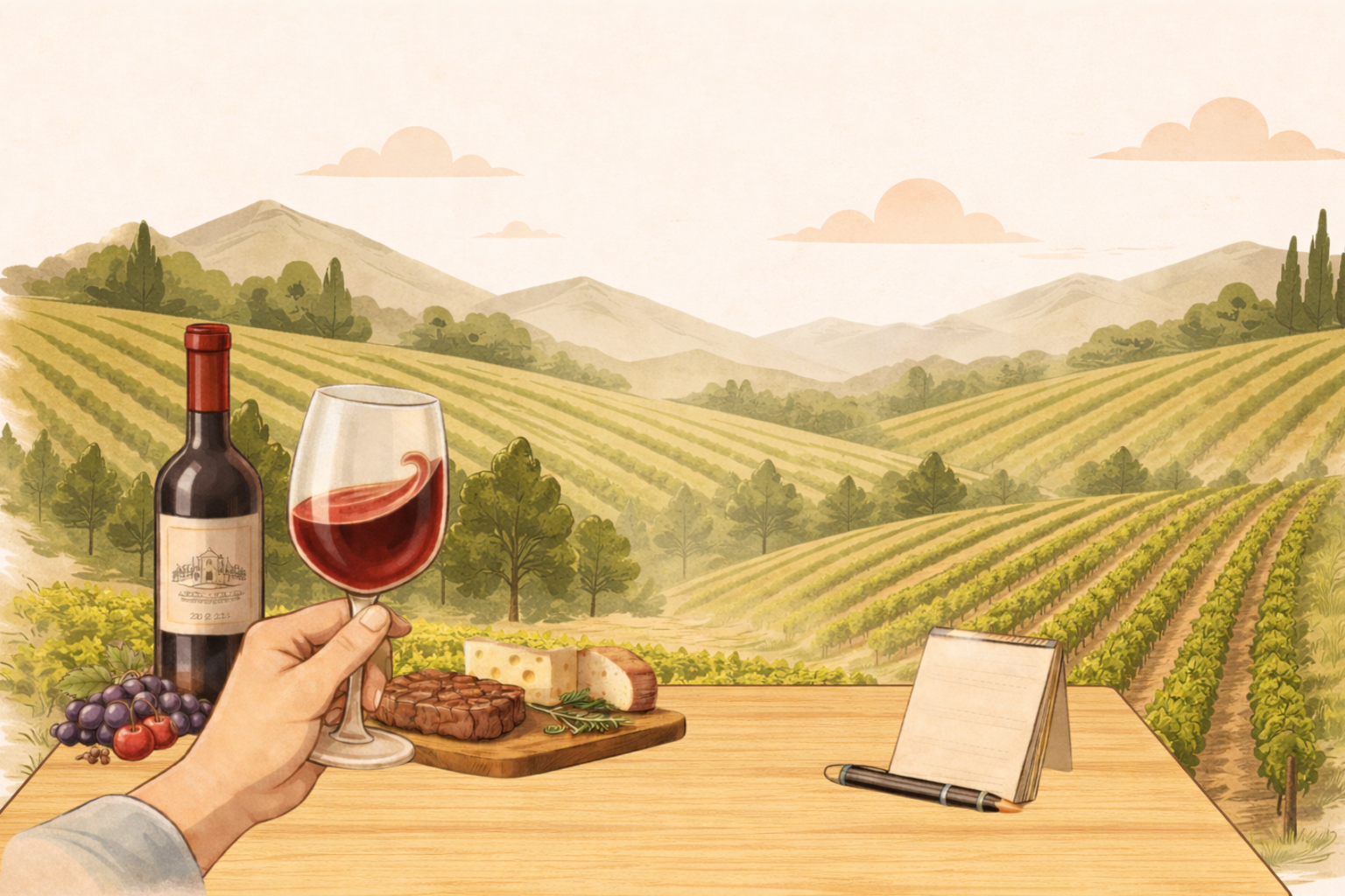 Image of a person determining if wine is high quality with a  background of a vineyard.