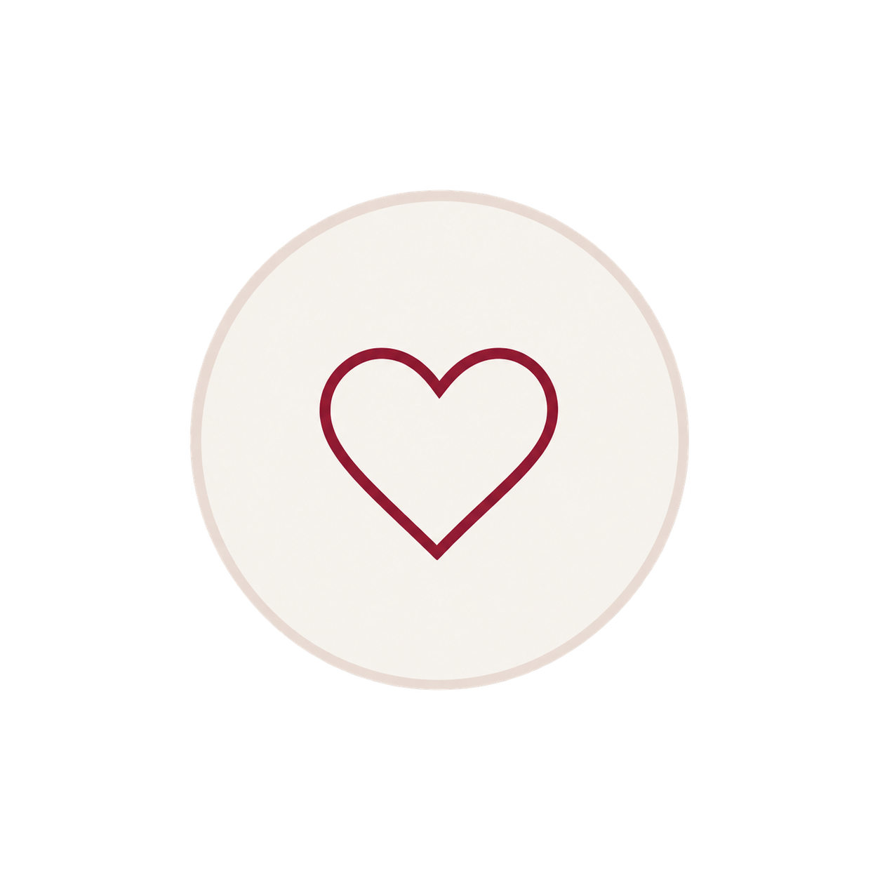 White circular icon with a red outline of a heart in the center.
