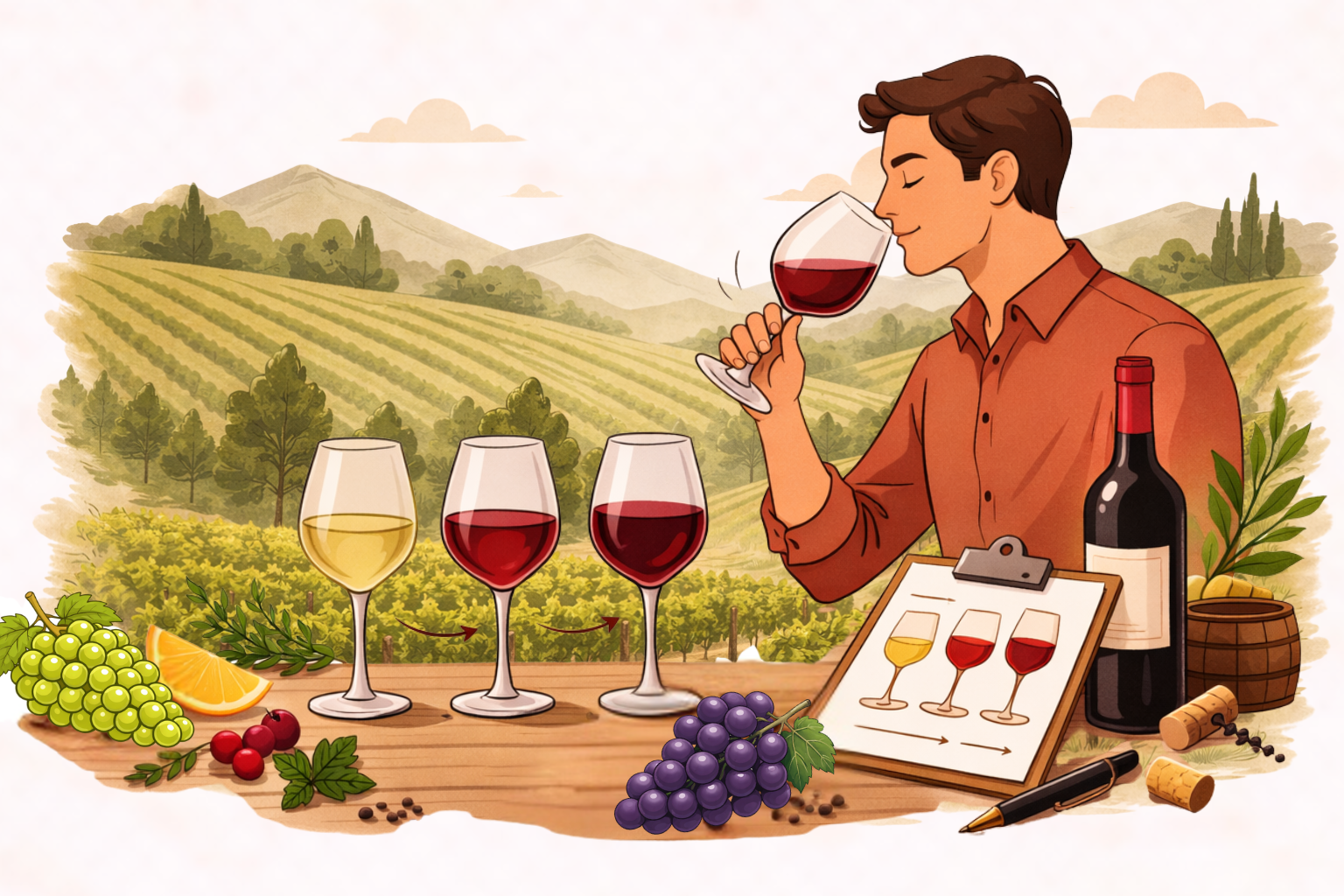Illustration of a person smelling a glass of red wine at a table with three wine glasses showing light, medium, and full-bodied styles, surrounded by grapes, citrus, herbs, and a wine bottle.