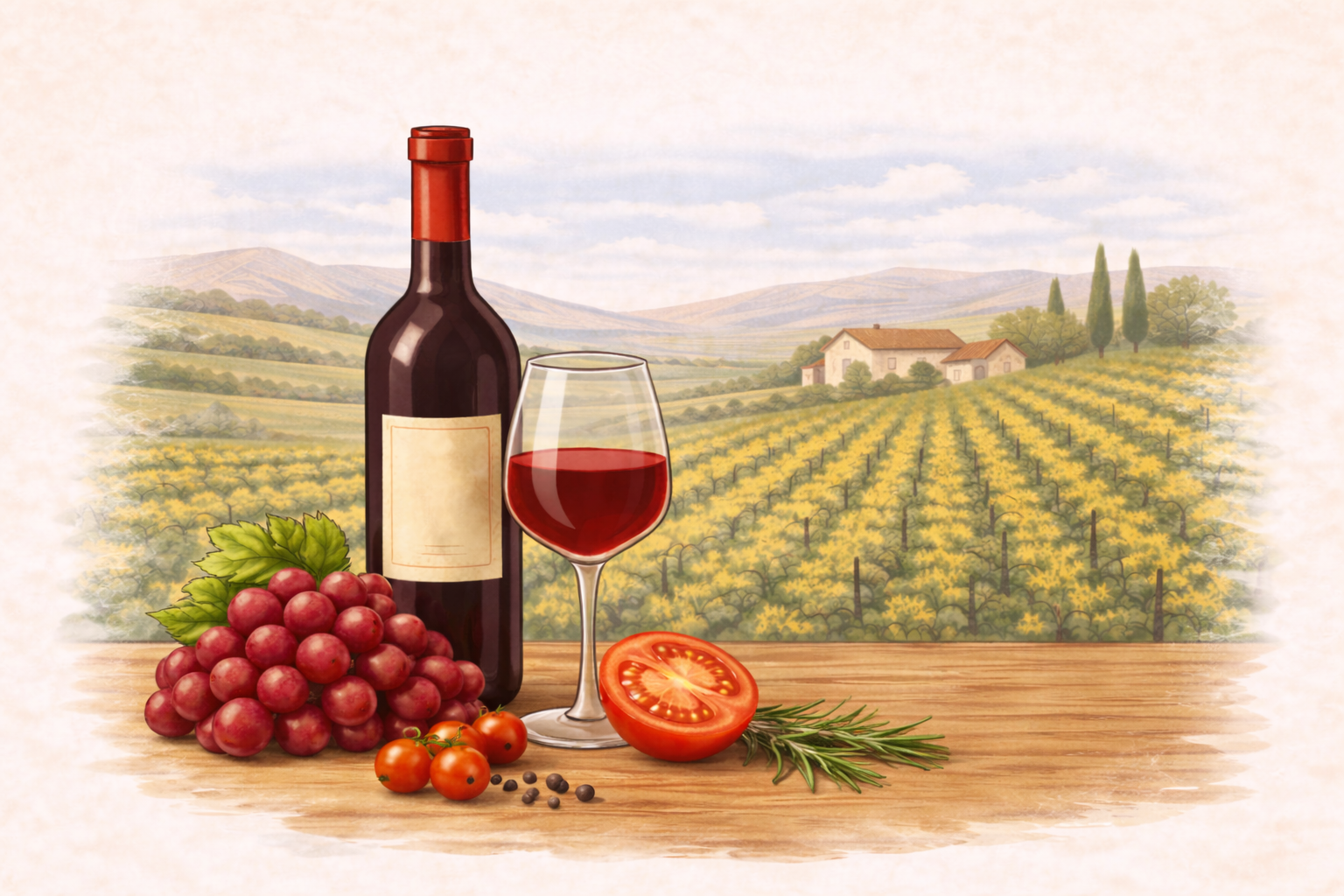 Illustrated wine scene featuring a bottle of red wine, a glass of red wine, a cluster of red grapes, tomatoes, and herbs on a wooden table, with rolling vineyard rows and a Tuscan-style winery in the background.