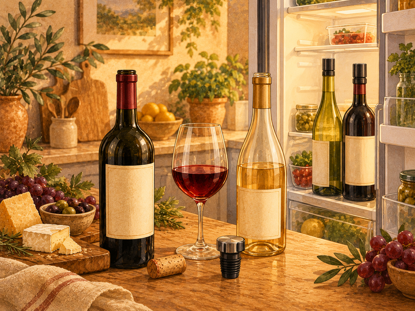 Watercolor-style illustration of opened red and white wine bottles, a glass of red wine, a wine stopper and cork on a wooden table beside an open refrigerator storing wine bottles.