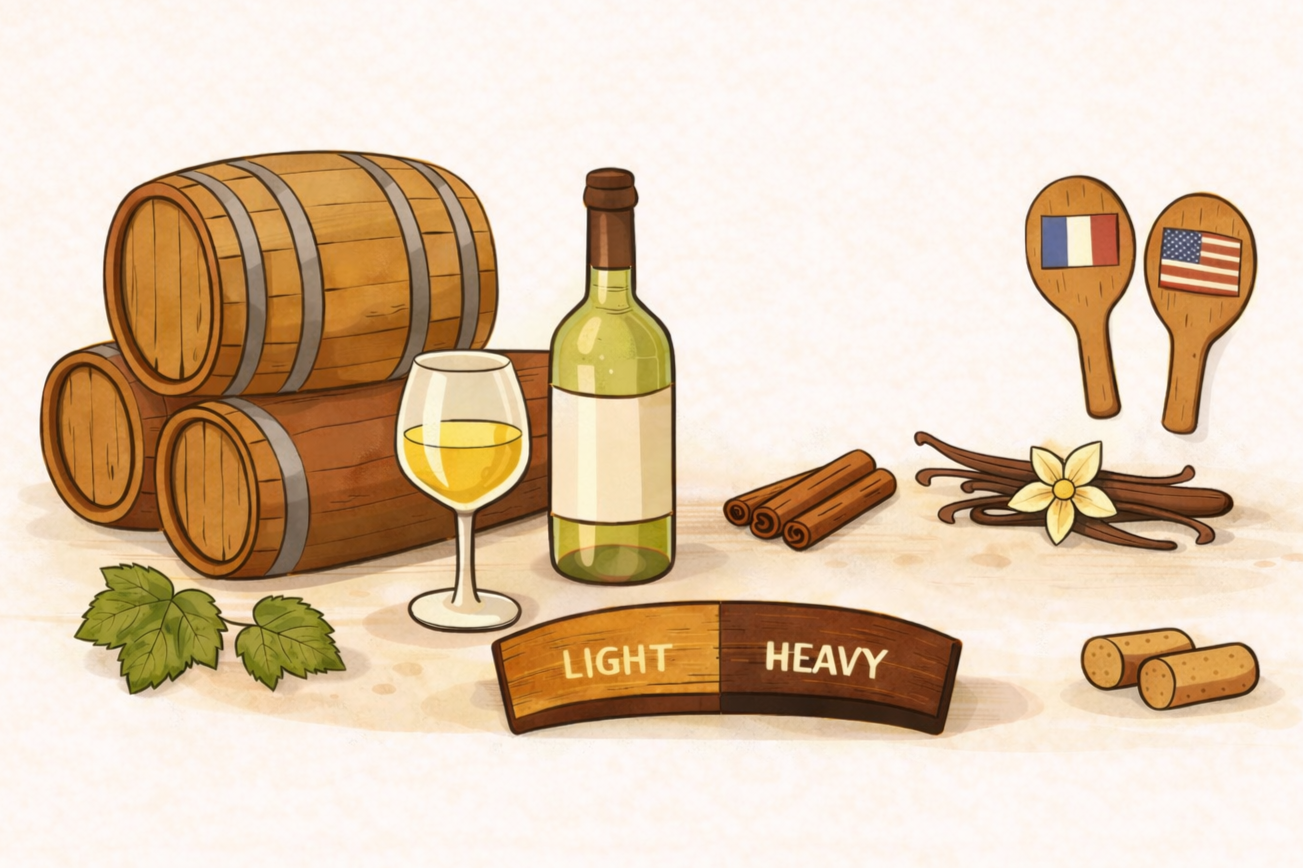 Flat, warm-toned illustration of oak aging in white wine featuring stacked barrels, a bottle and glass of white wine, cinnamon sticks, vanilla pods, corks, and a light-to-heavy oak wood sign on a wooden table with space above for a title.