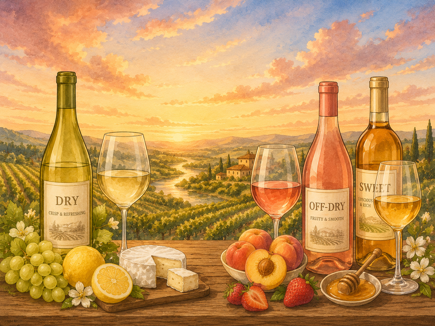 Illustration of dry and sweet wine styles side by side, with white wine, citrus, grapes, rosé, honey, peaches, and strawberries on a vineyard table.