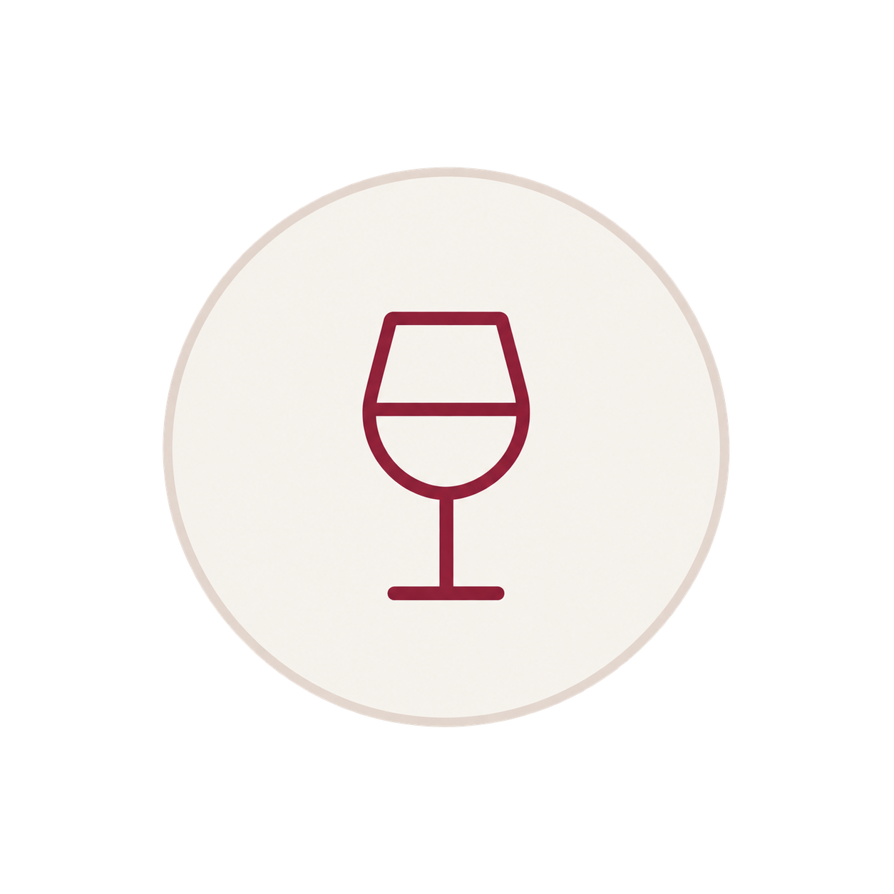 Icon of a wine glass outlined in burgundy on a white circular background.