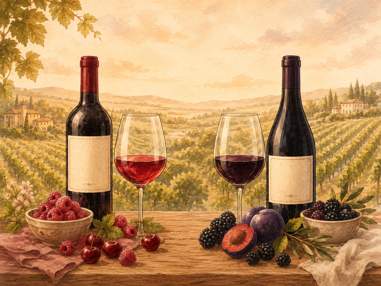 Two red wine bottles and glasses compare a lighter ruby red wine with fresh red fruit against a darker bold red wine with plums and blackberries on a rustic table.