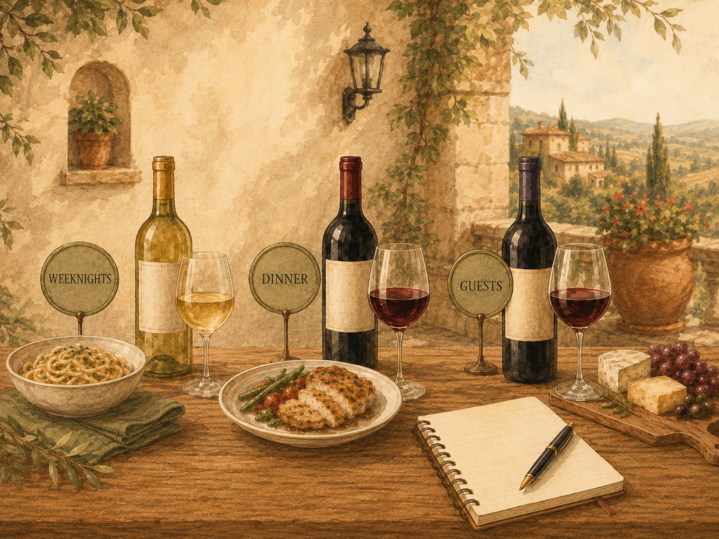 Illustrated wine rotation with bottles and glasses labeled for weeknights, dinner and guests, alongside food and a wine journal.