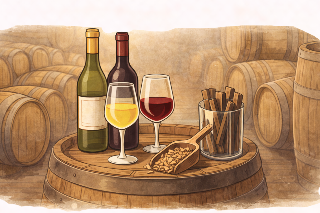 Illustration of wine aging in an oak barrel, showing a shift from fresh fruit notes to richer flavors like vanilla and spice.