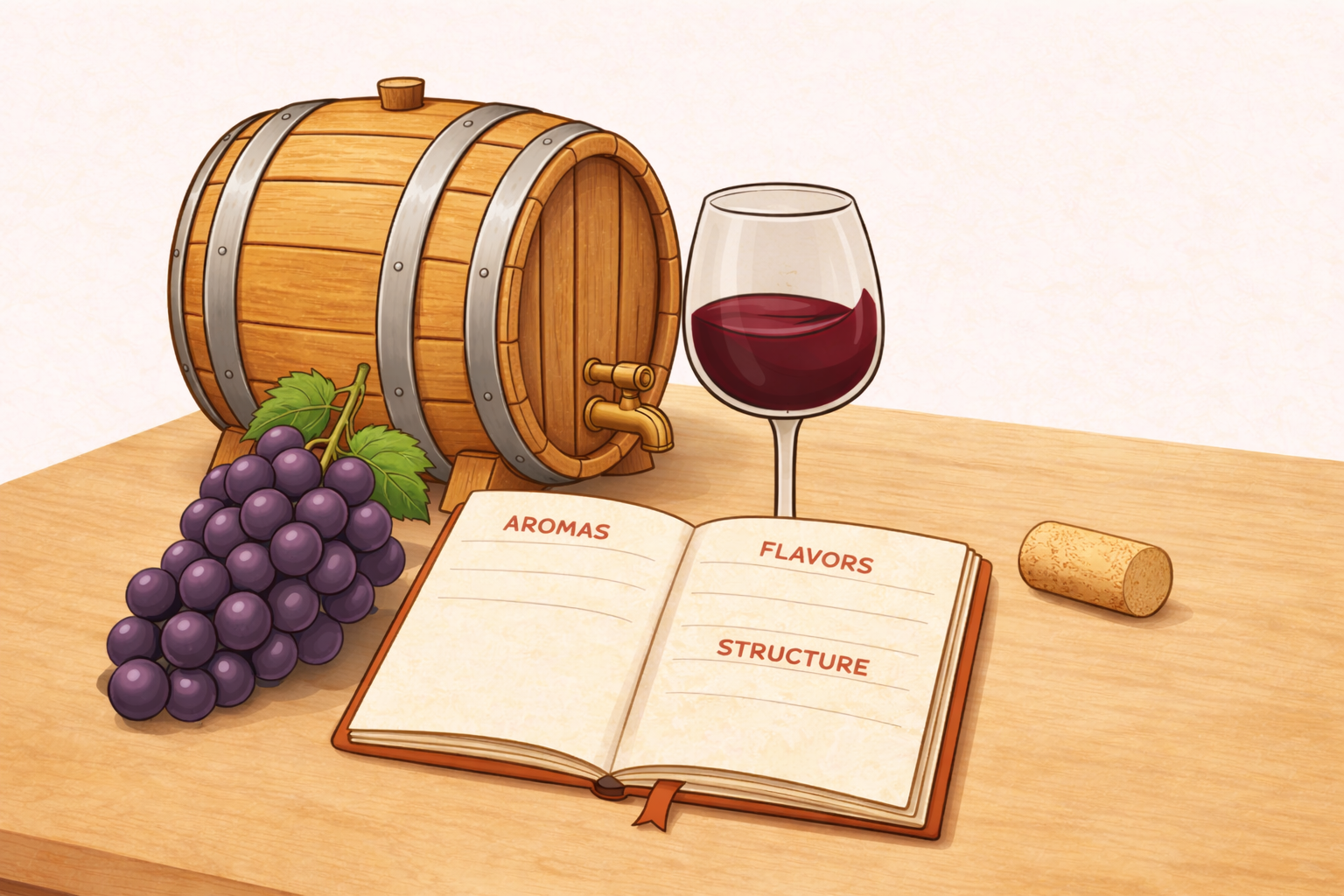 Flat illustration of a wine tasting setup with a barrel, red wine glass, grapes, cork, and open notebook on a wooden table, with open space above.