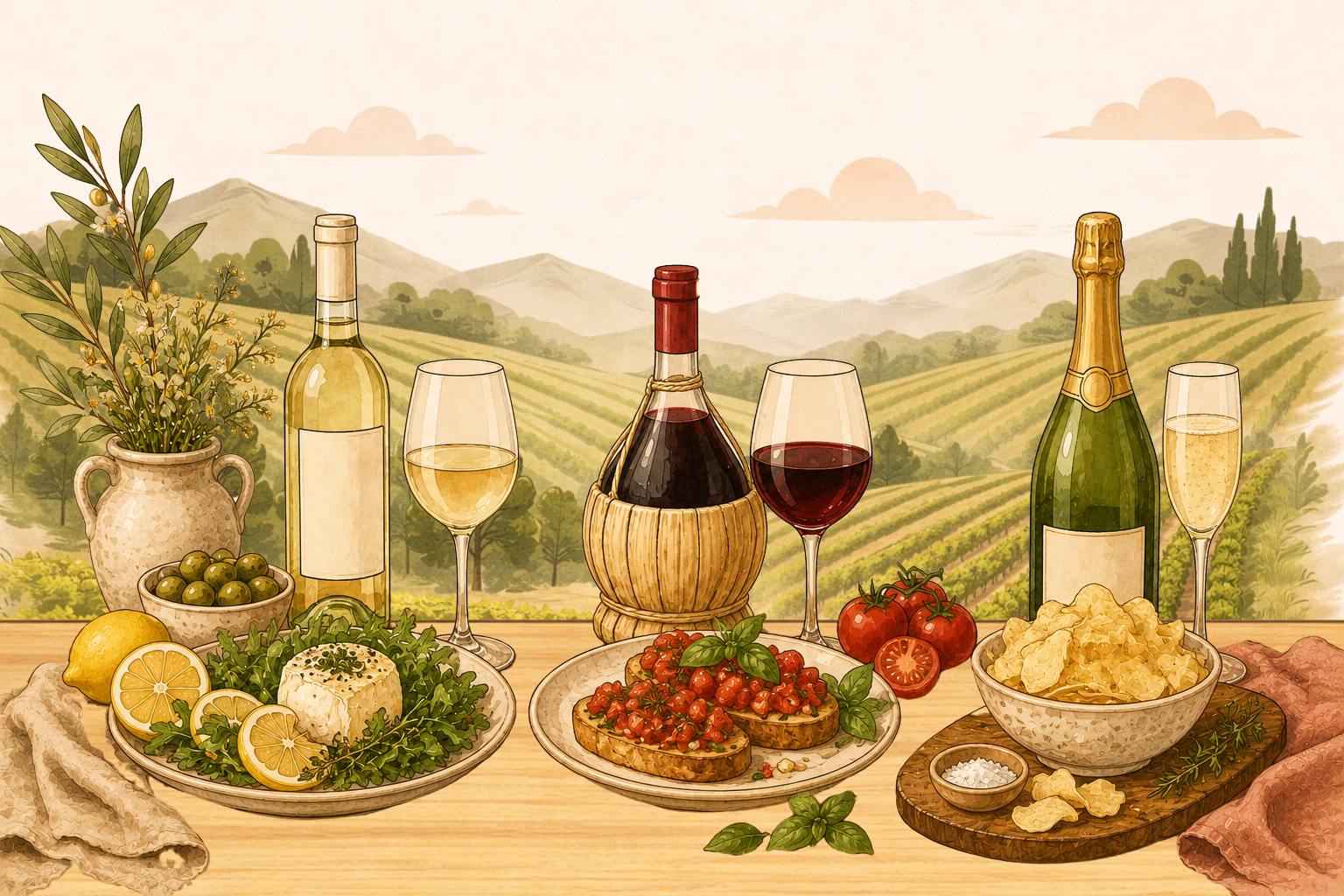 Three simple food and wine pairings shown on a rustic table, including Sauvignon Blanc with fresh lemon and cheese, Chianti with tomato bruschetta, and sparkling wine with crispy chips.