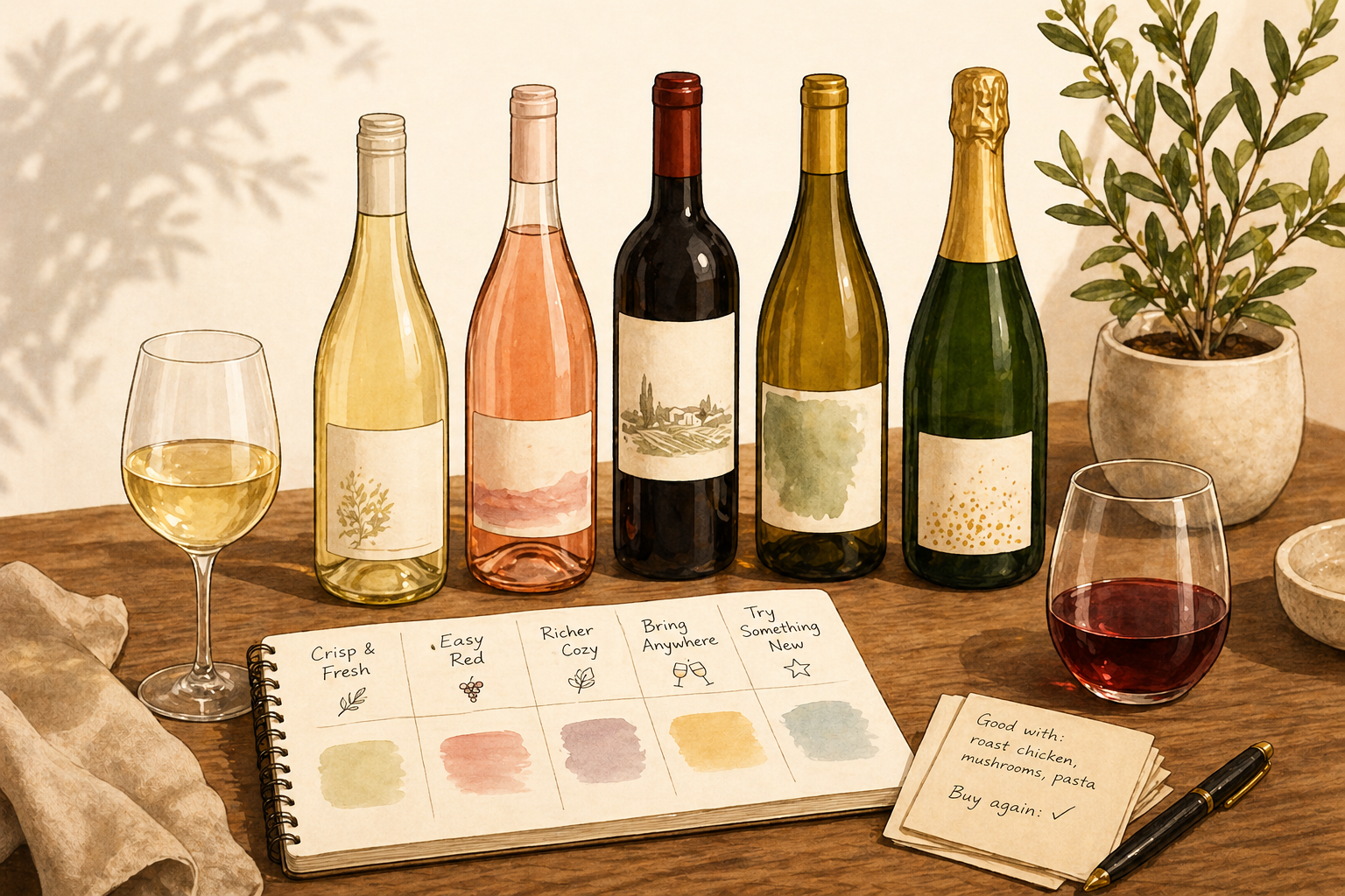 Flat illustration of a wine rotation setup with multiple wine bottles, two glasses, and a notebook organizing wine styles on a wooden table.