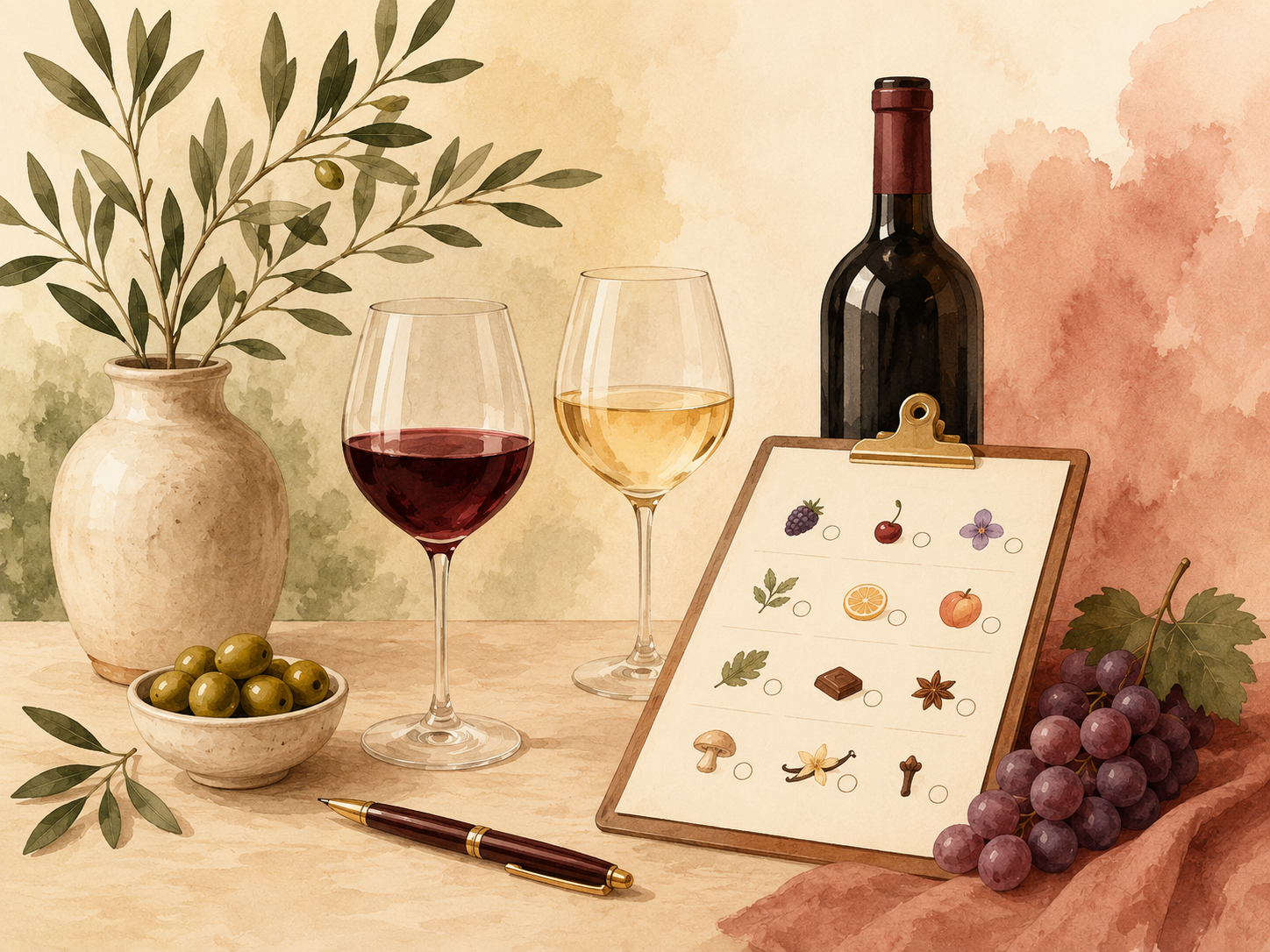 Watercolor illustration of a wine style quiz setup with red and white wine glasses, a wine bottle, a tasting checklist, grapes, olives, herbs, and a pen on a warm tabletop background.