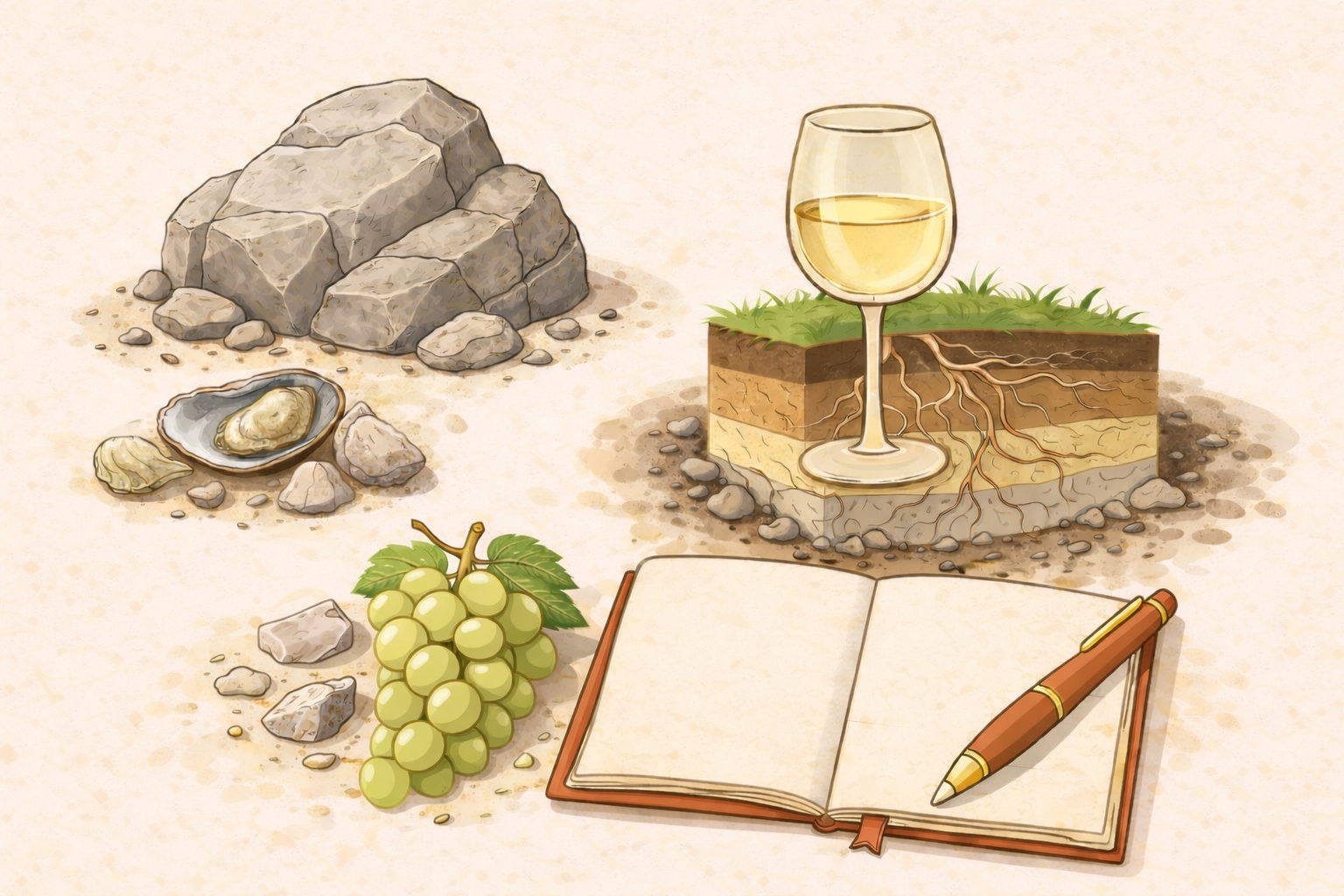 Flat illustration of wine minerality with rocks, oyster shells, green grapes, a white wine glass over layered soil and vine roots, and a blank notebook on a warm beige background.