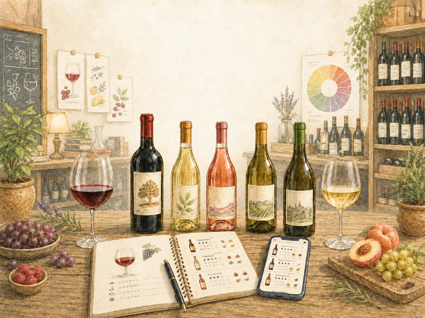 Wine bottles, red and white wine glasses, tasting journal and wine tracking app arranged on a table to illustrate building a personal wine taste profile.