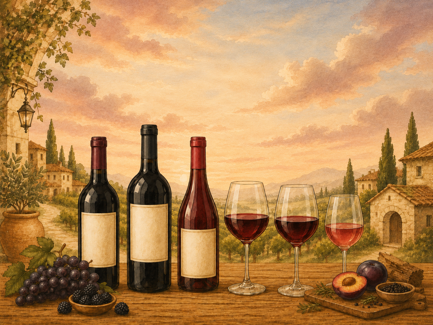 Watercolor-style blog cover showing three red wine bottles and glasses of red wine on a rustic wooden table, surrounded by dark grapes, blackberries, plum, herbs, and a warm vineyard landscape with stone buildings under a soft sunset sky.