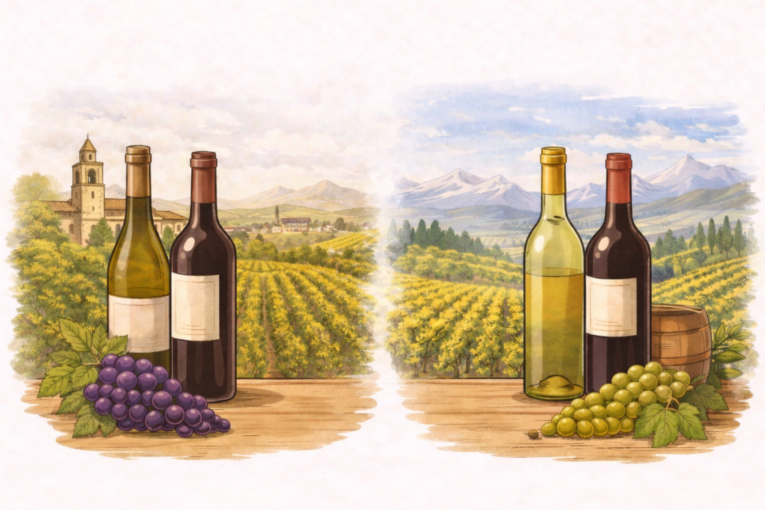 Illustration comparing Old World and New World wines with bottles and grapes set against contrasting vineyard landscapes.