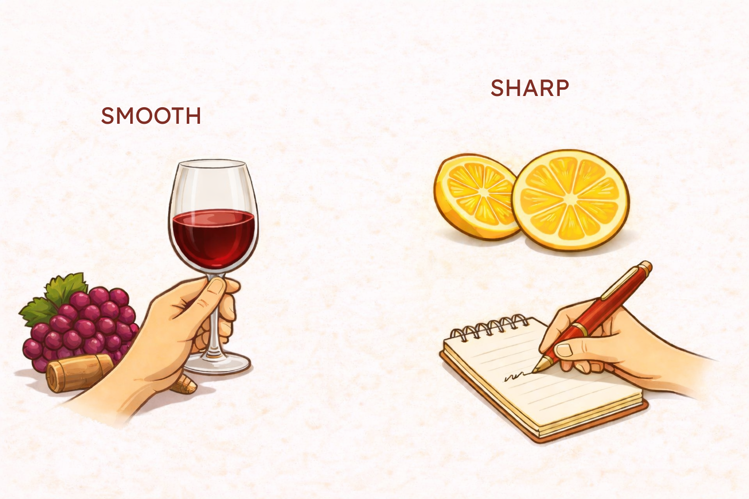 Flat illustration on a soft beige background showing a hand holding a glass of red wine with grapes and a cork on the left, and lemon slices with a hand writing in a small notebook on the right.