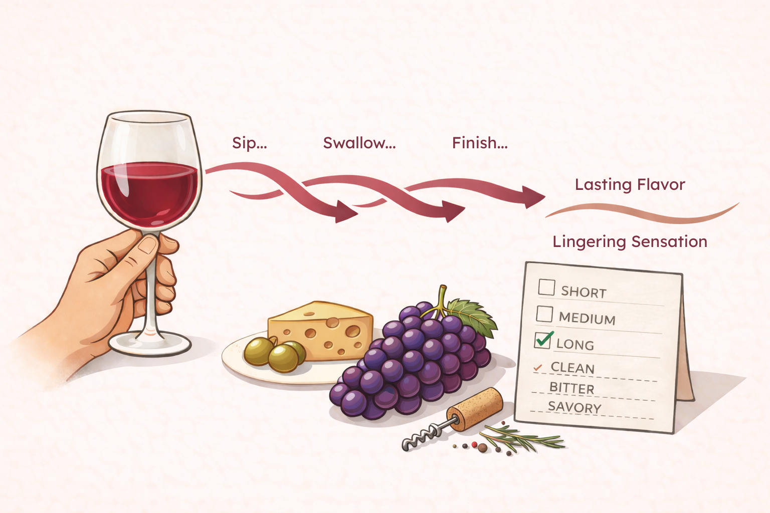 Flat illustration of a wine glass with tasting elements that represent a wine’s finish and lingering sensations.