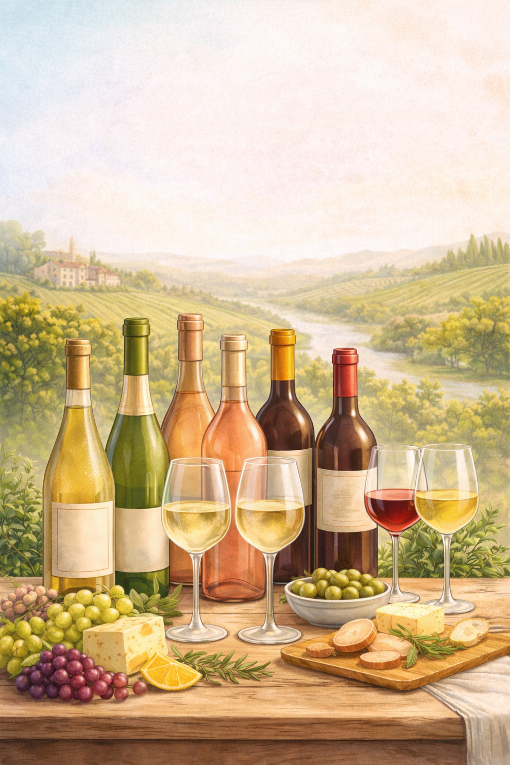 Illustration of multiple wine bottles and glasses in different colors arranged on a wooden table with grapes, cheese, olives, and bread, representing a variety of Loire Valley wine styles.