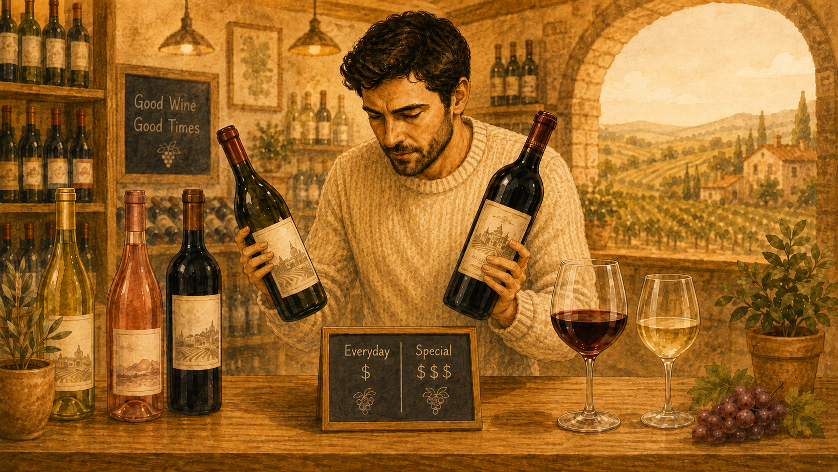 Illustrated man comparing everyday and premium wine bottles at a wooden tasting table with wine glasses, grapes and a price comparison sign.