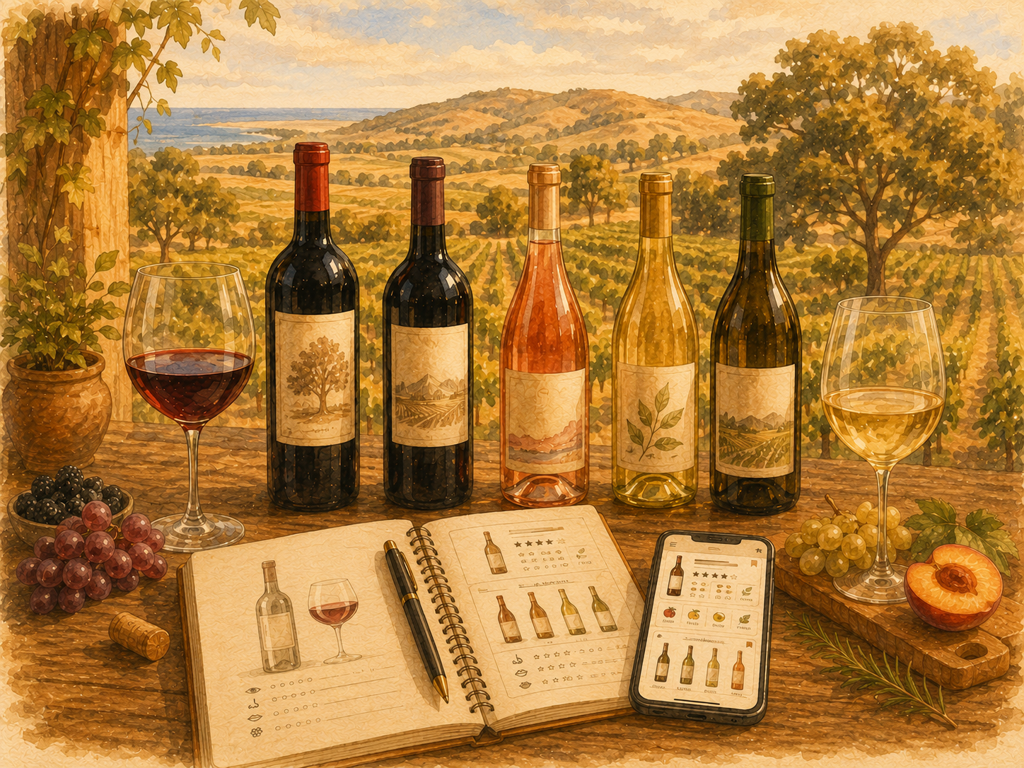 Watercolor-style wine tasting scene with several wine bottles, red and white wine glasses, an open tasting journal and a phone displaying saved wines, set against a bright California vineyard landscape.