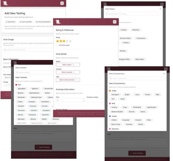 Screenshots of a wine tasting app interface showing various sections including 'Add New Tasting,' 'Rating & Preferences,' 'Select Region,' 'Select Varieties,' and 'Select Characteristics,' with form fields and dropdown menus for input.