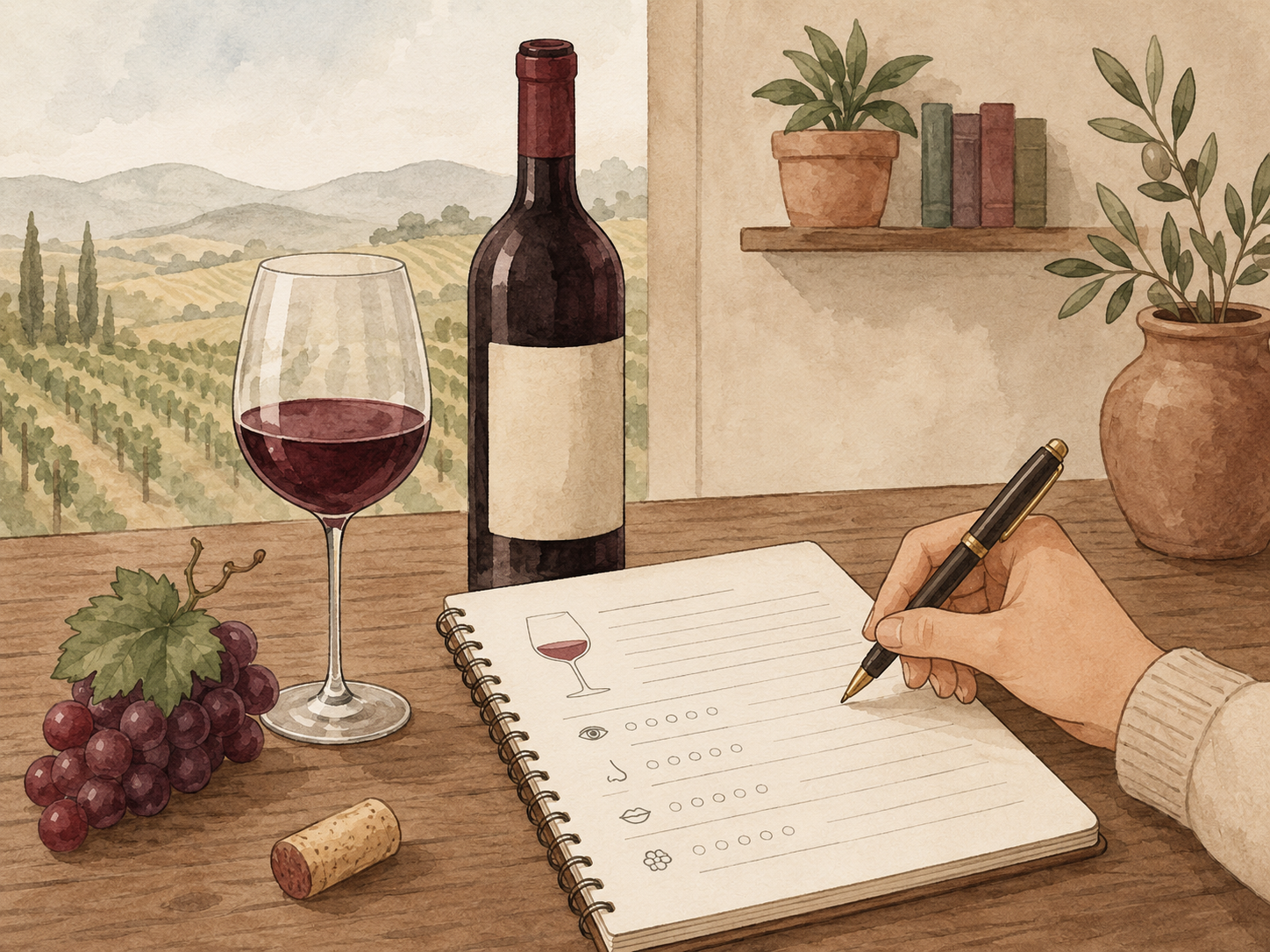 Watercolor-style wine tasting setup with a red wine bottle, filled wine glass, grapes, cork, and a hand writing tasting notes in a spiral notebook.