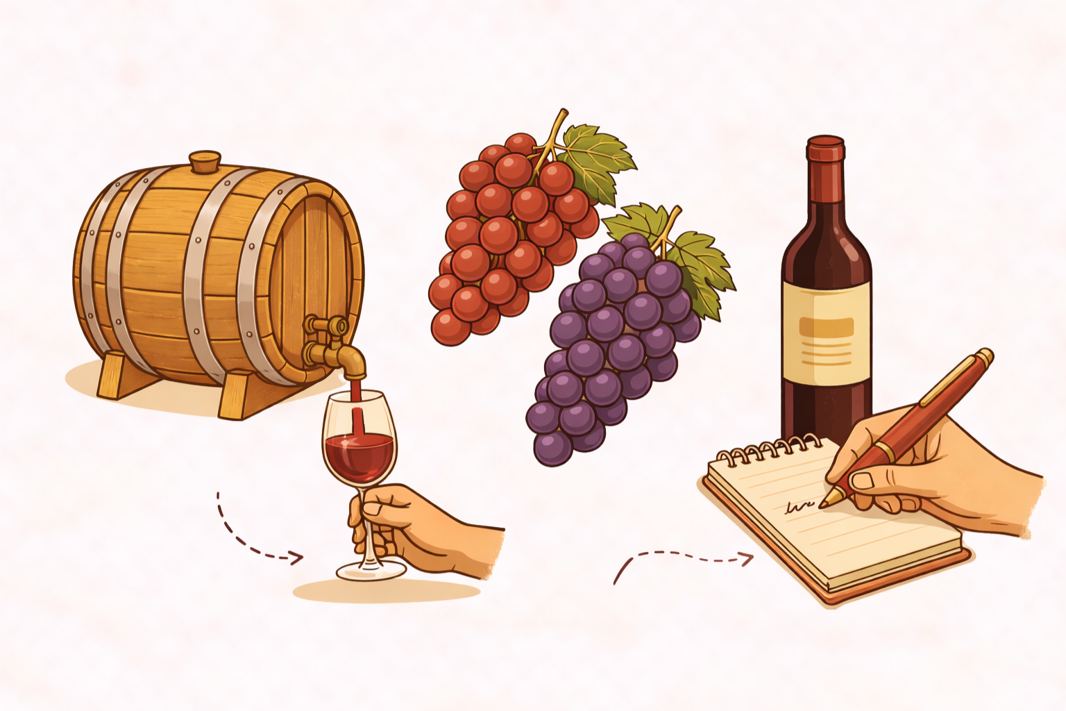 Flat illustration showing a wine barrel pouring red wine into a glass, clusters of red and purple grapes, a wine bottle, and a hand writing tasting notes in a notebook on a warm beige background.