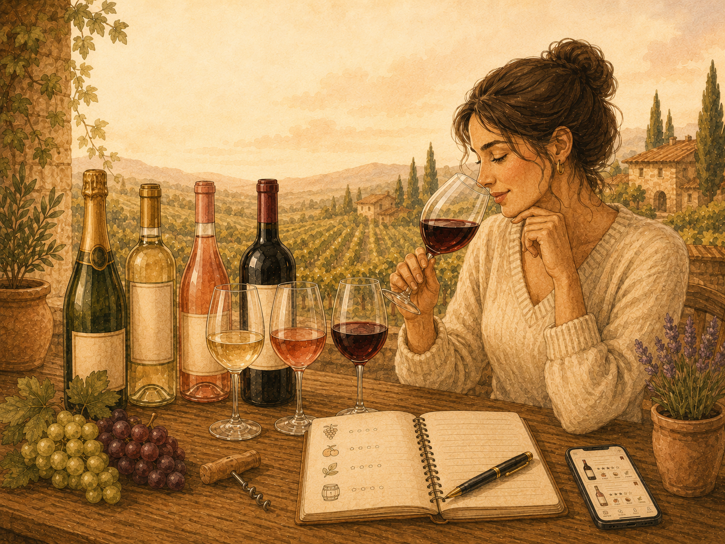 Person smelling a glass of red wine while comparing red, white, rosé, and sparkling wines with a tasting notebook and wine journal app on a rustic table overlooking a vineyard, illustrating how to choose a wine you'll actually like.