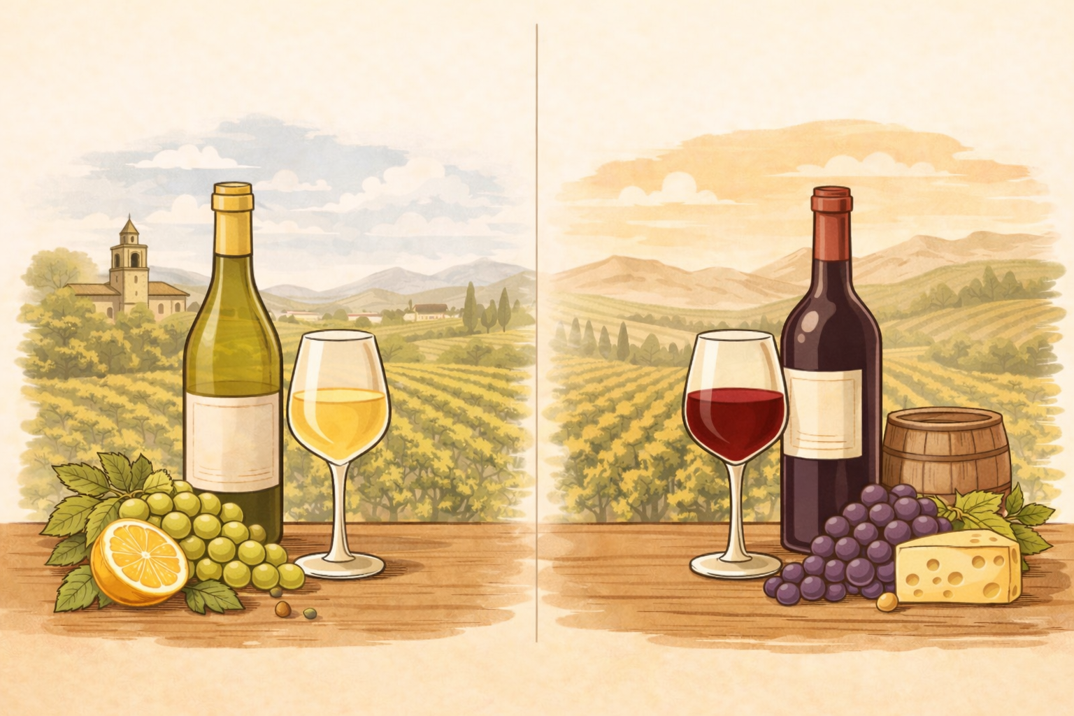 Split illustration of fresh white wine with citrus and green grapes on the left and rich red wine with cheese and barrel on the right, set against contrasting vineyard backdrops with space above for a title.
