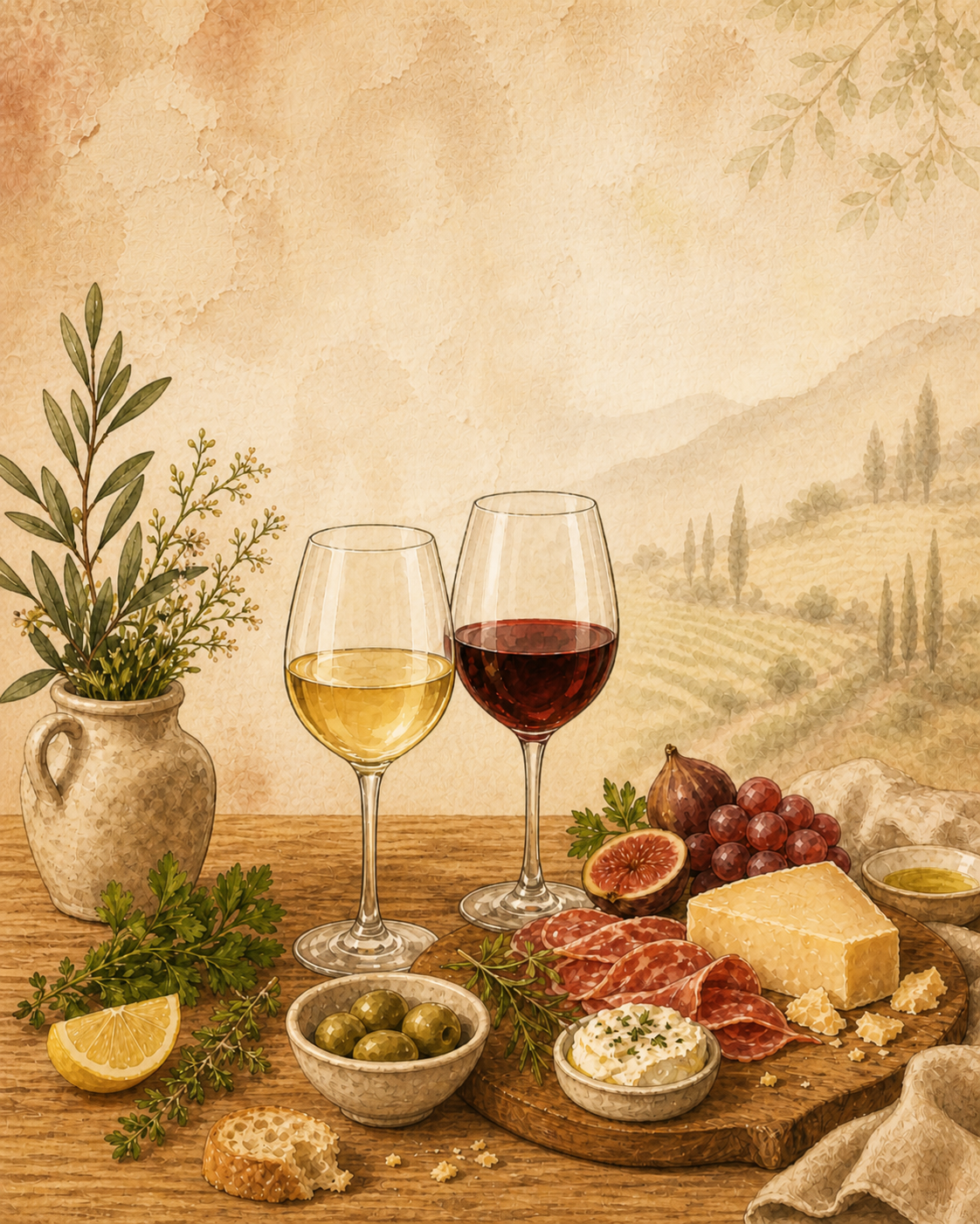 Editorial illustration of a wooden table with red and white wine glasses, olives, lemon, herbs, cheese, cured meats, bread, and fruit arranged as a food and wine pairing spread.
