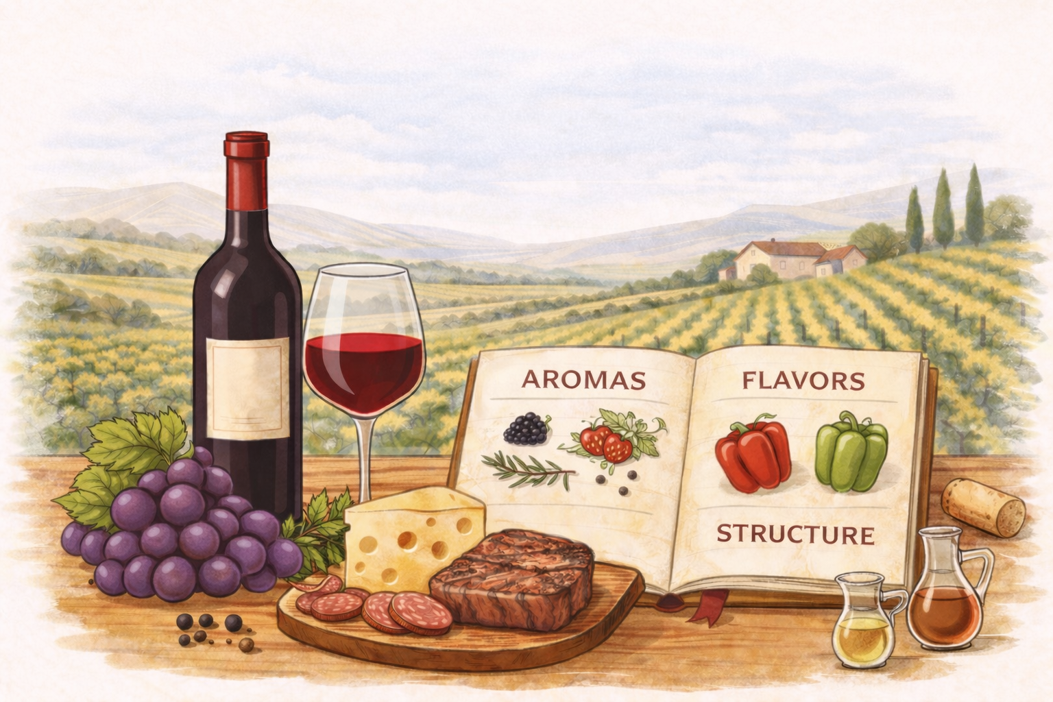 Illustration of Cabernet Sauvignon tasting with wine bottle, glass, grapes, steak, cheese, and a tasting notebook showing aromas, flavors, and structure.