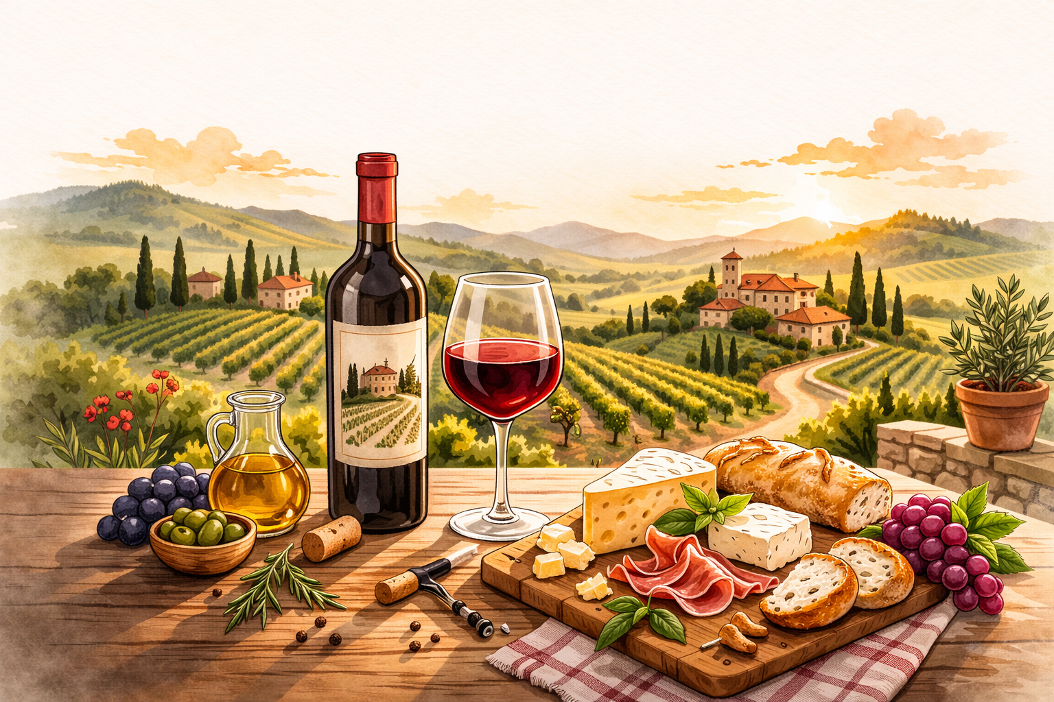 Illustration of a Tuscany wine scene with a bottle and glass of red wine on a wooden table, surrounded by cheese, bread, olives, and grapes, with rolling vineyard hills and a farmhouse in the background.
