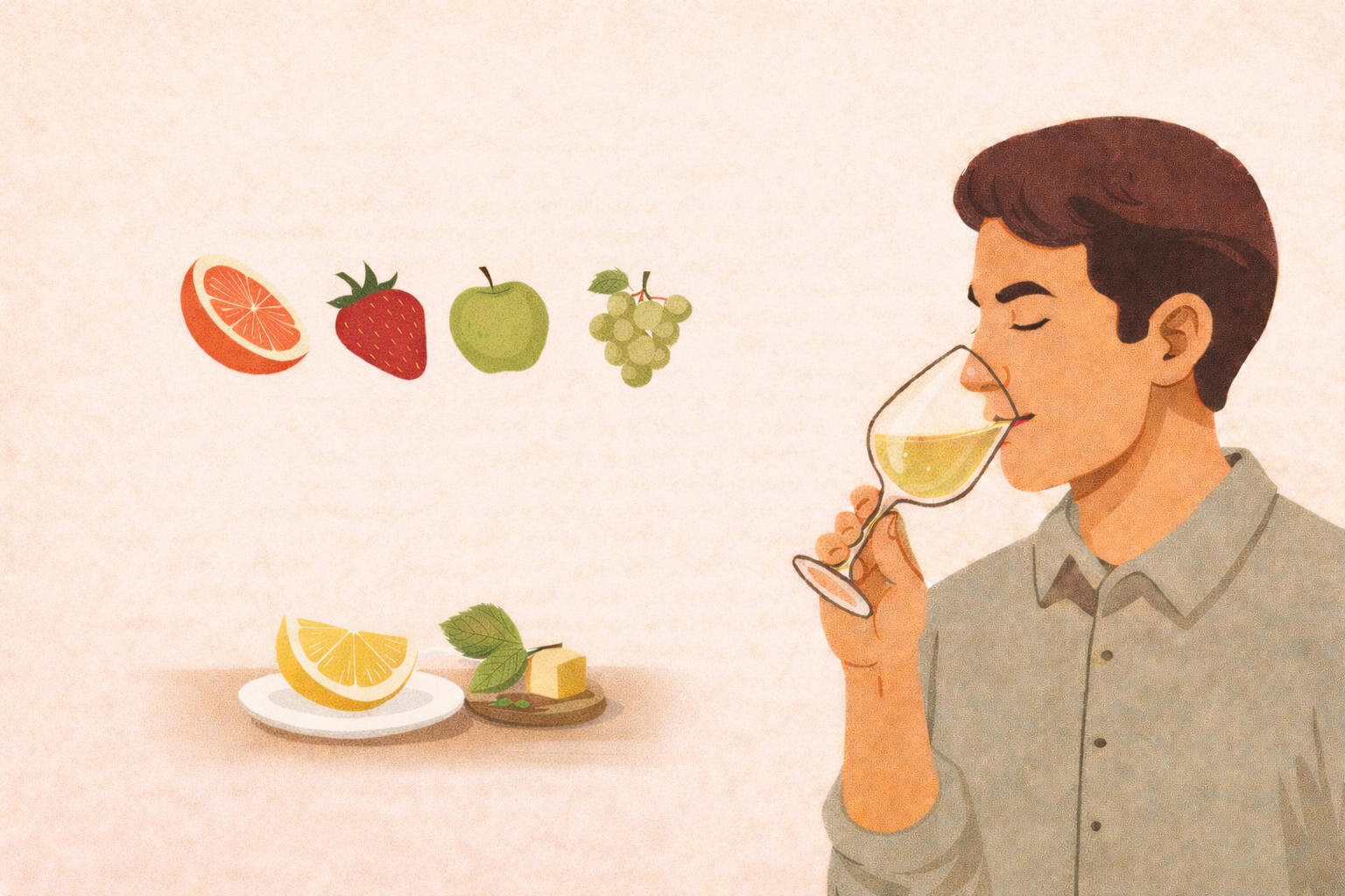 Illustration of a person tasting white wine with fruit icons representing acidity.