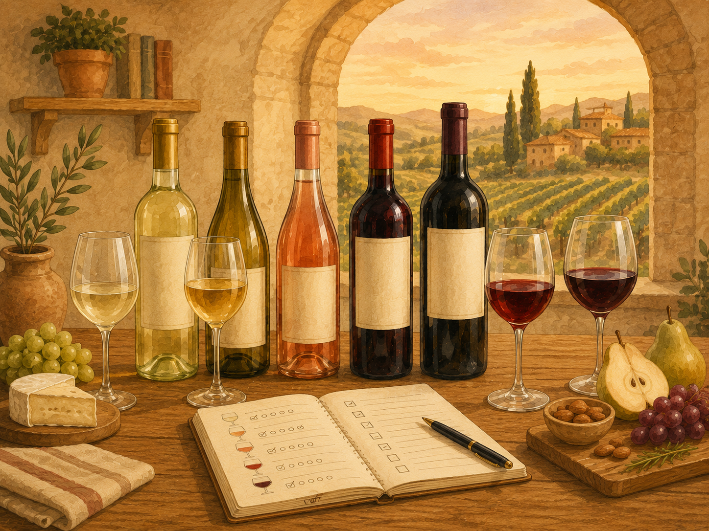 Illustration of assorted red, white and rosé wine bottles with tasting glasses, grapes, cheese, fruit and an open wine journal arranged on a table.