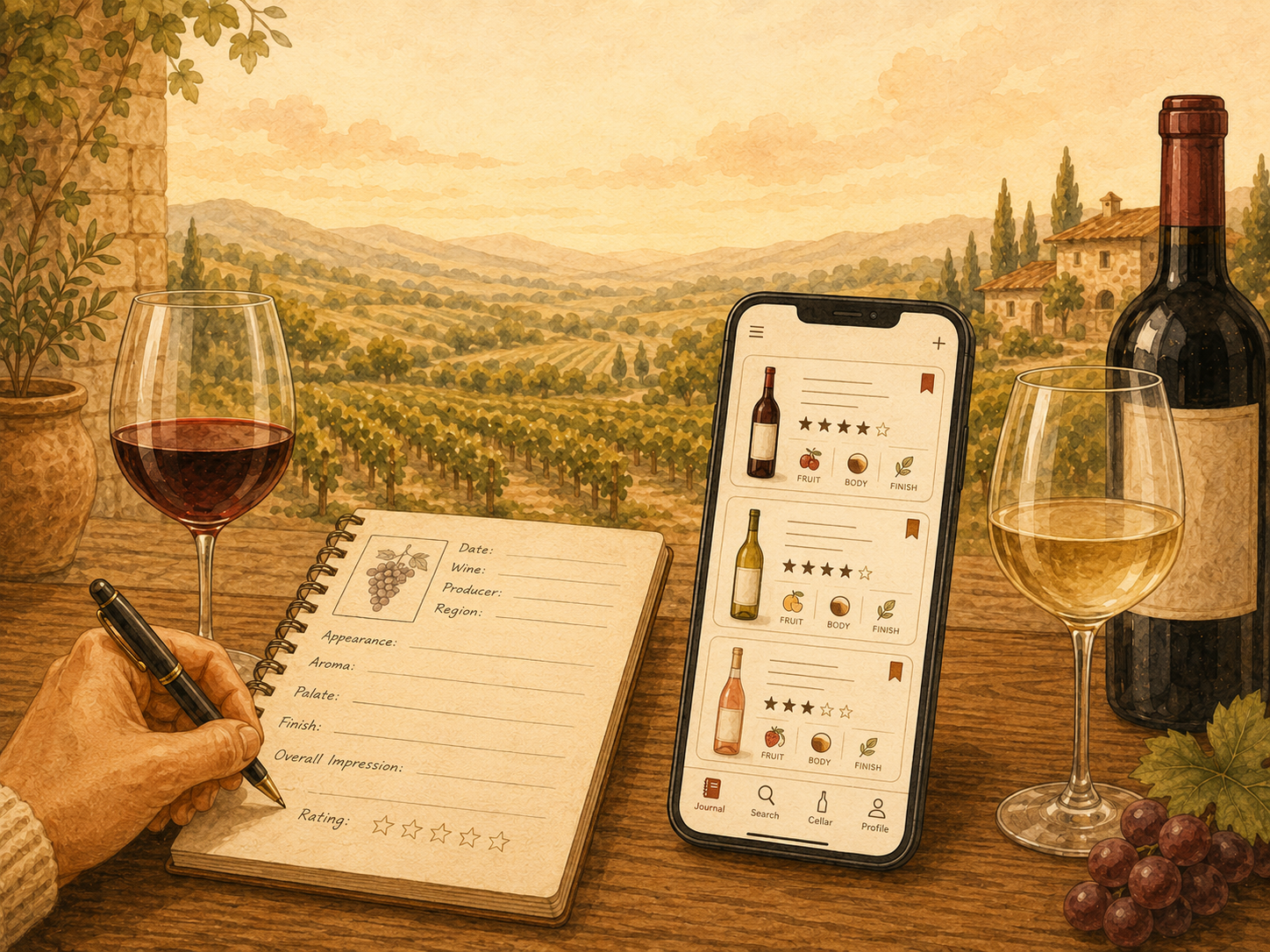 Illustrated wine tasting scene showing a printable tasting sheet and pen beside a smartphone with a digital wine journal app, wine glasses, bottles, and vineyard scenery in the background.