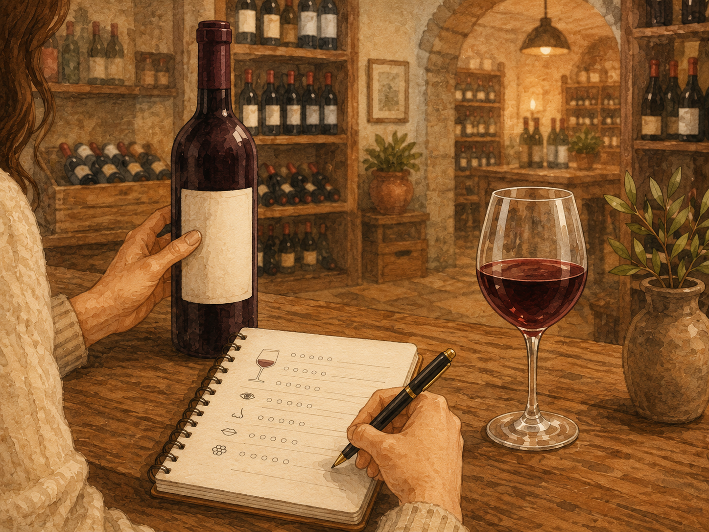 Watercolor illustration of a person writing simple wine tasting notes in a journal at a cozy wine shop, with a red wine bottle, glass of red wine, and shelves of wine bottles in the background.