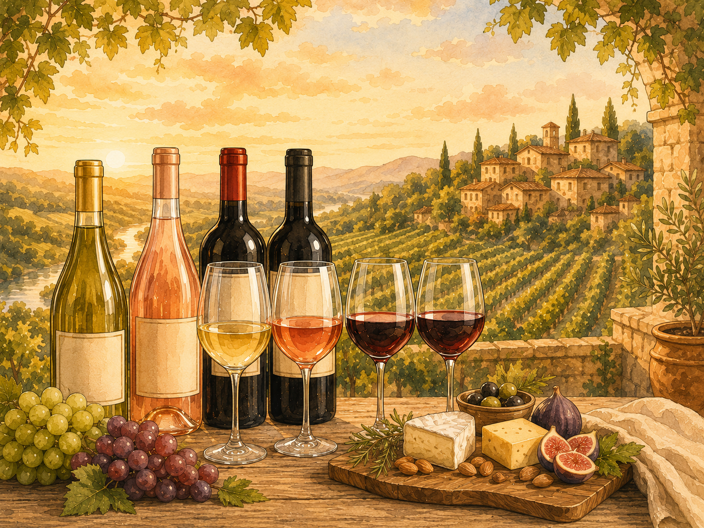 Illustrated wine style scene with white, rosé, and red wine bottles, filled wine glasses, grapes, cheese, figs, and rustic tasting-board elements arranged together.