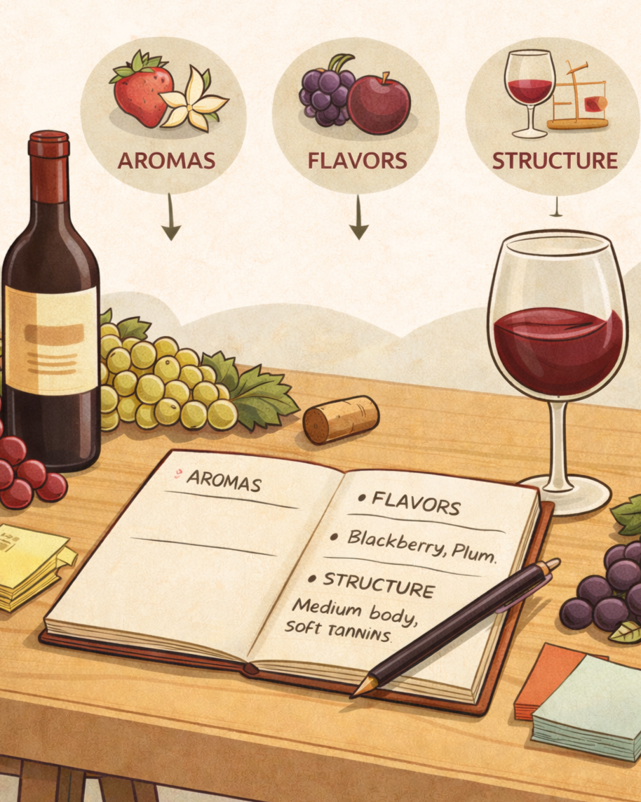Illustration showing a wine tasting notebook with sections for aromas, flavors, and structure, alongside a glass of red wine, grapes, and icons representing each part of a tasting note.