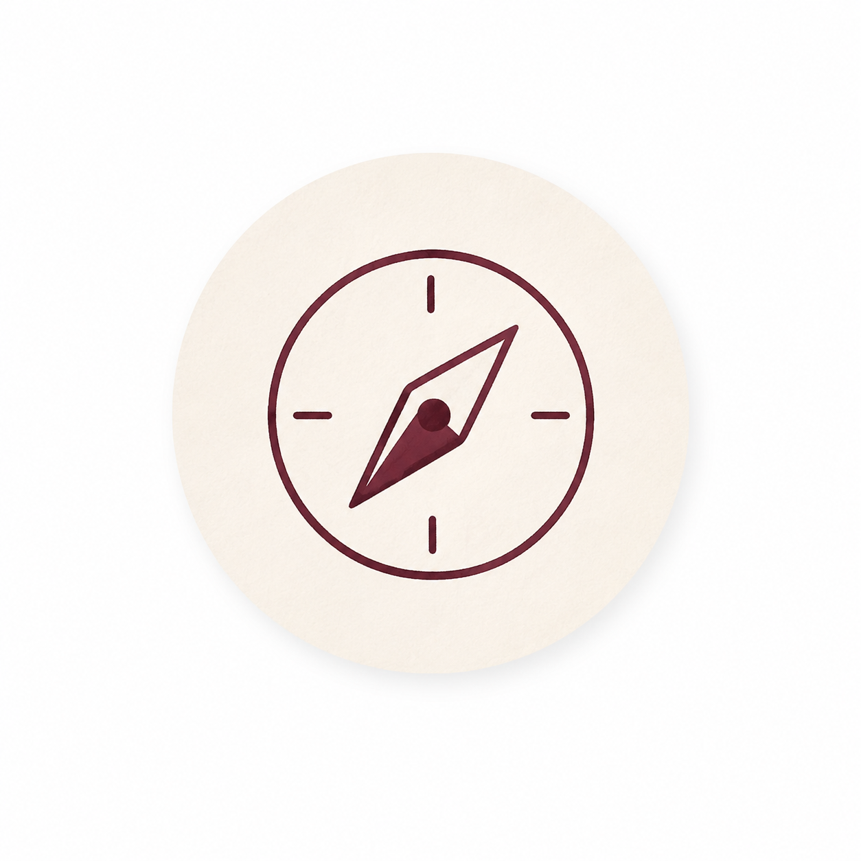 Cream circular icon with a burgundy outline compass symbol.
