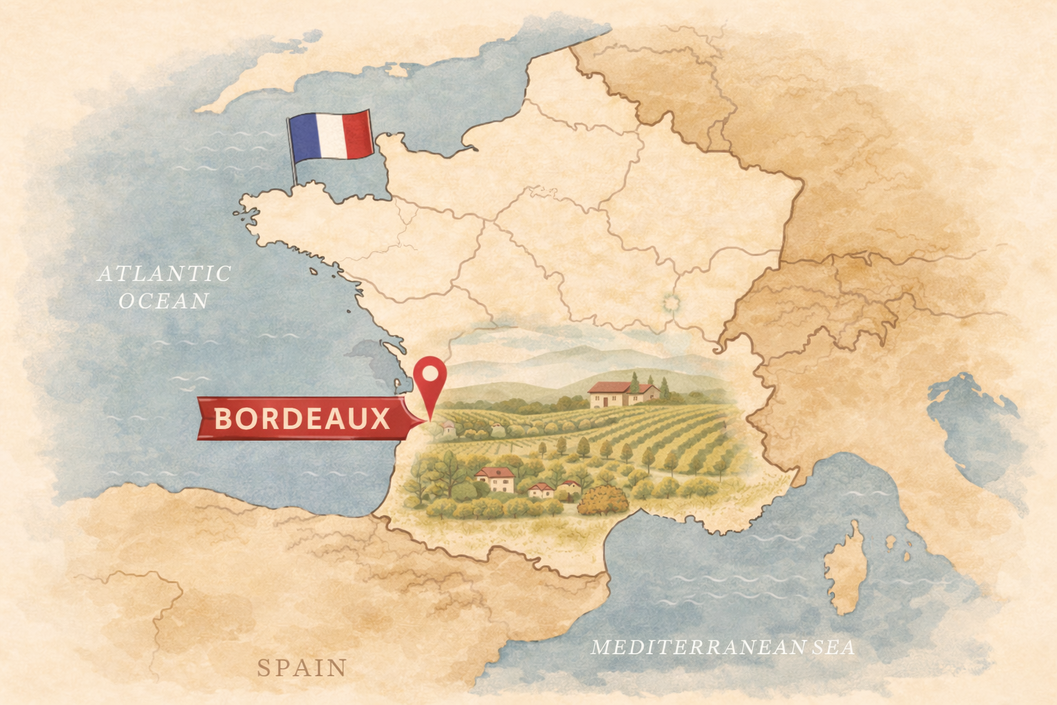 Map of France highlighting the Bordeaux wine region on the southwest coast near the Atlantic Ocean.