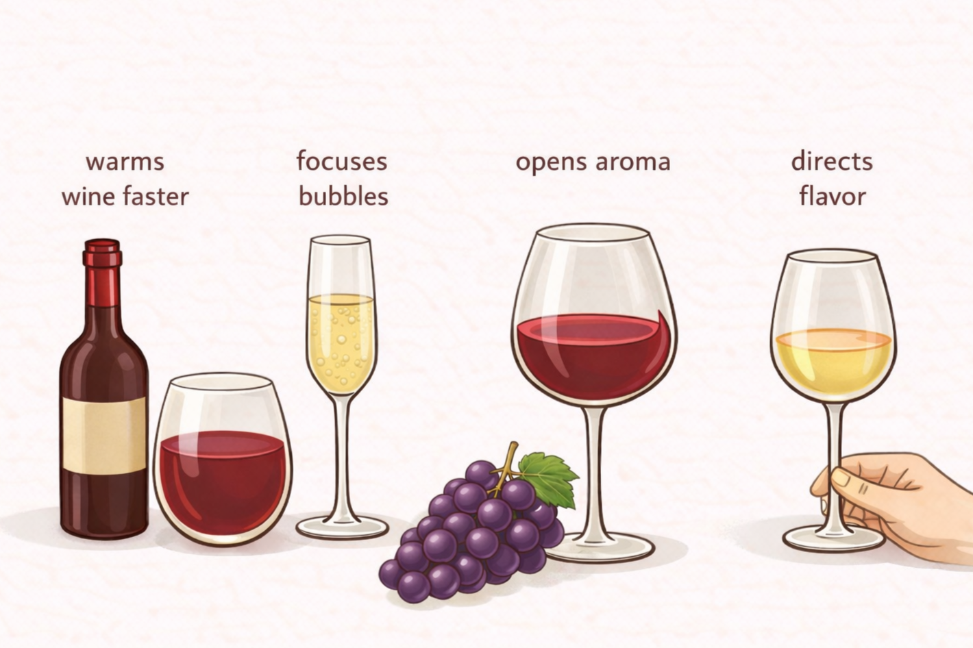 Flat illustration of multiple wine glass styles—stemless, champagne flute, wide red wine glass, and narrower wine glass—demonstrating how glass shape varies across wines.