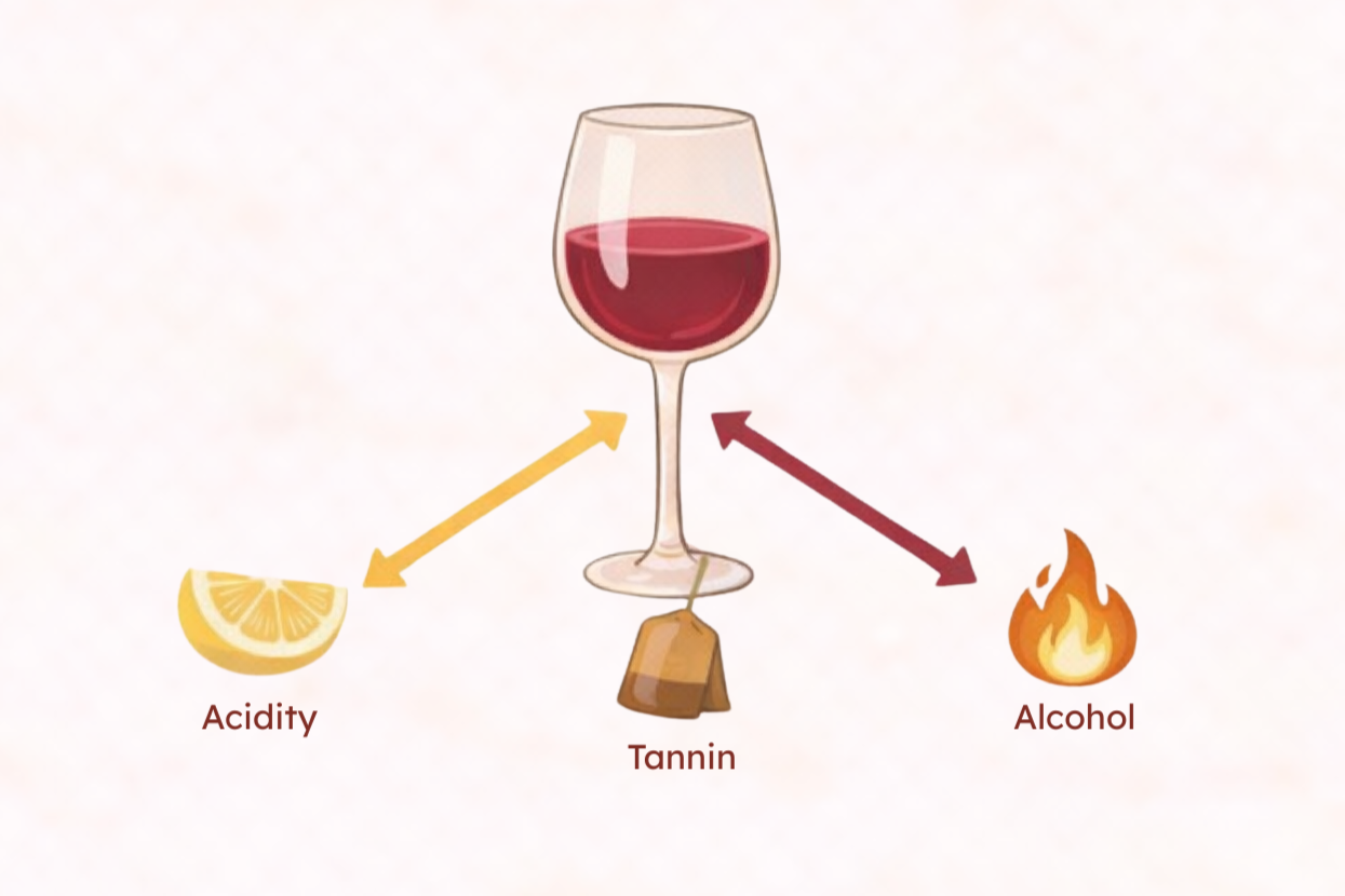 Illustration of a wine glass with symbols for acidity, tannin, and alcohol, showing how wine structure affects freshness, grip, and warmth.