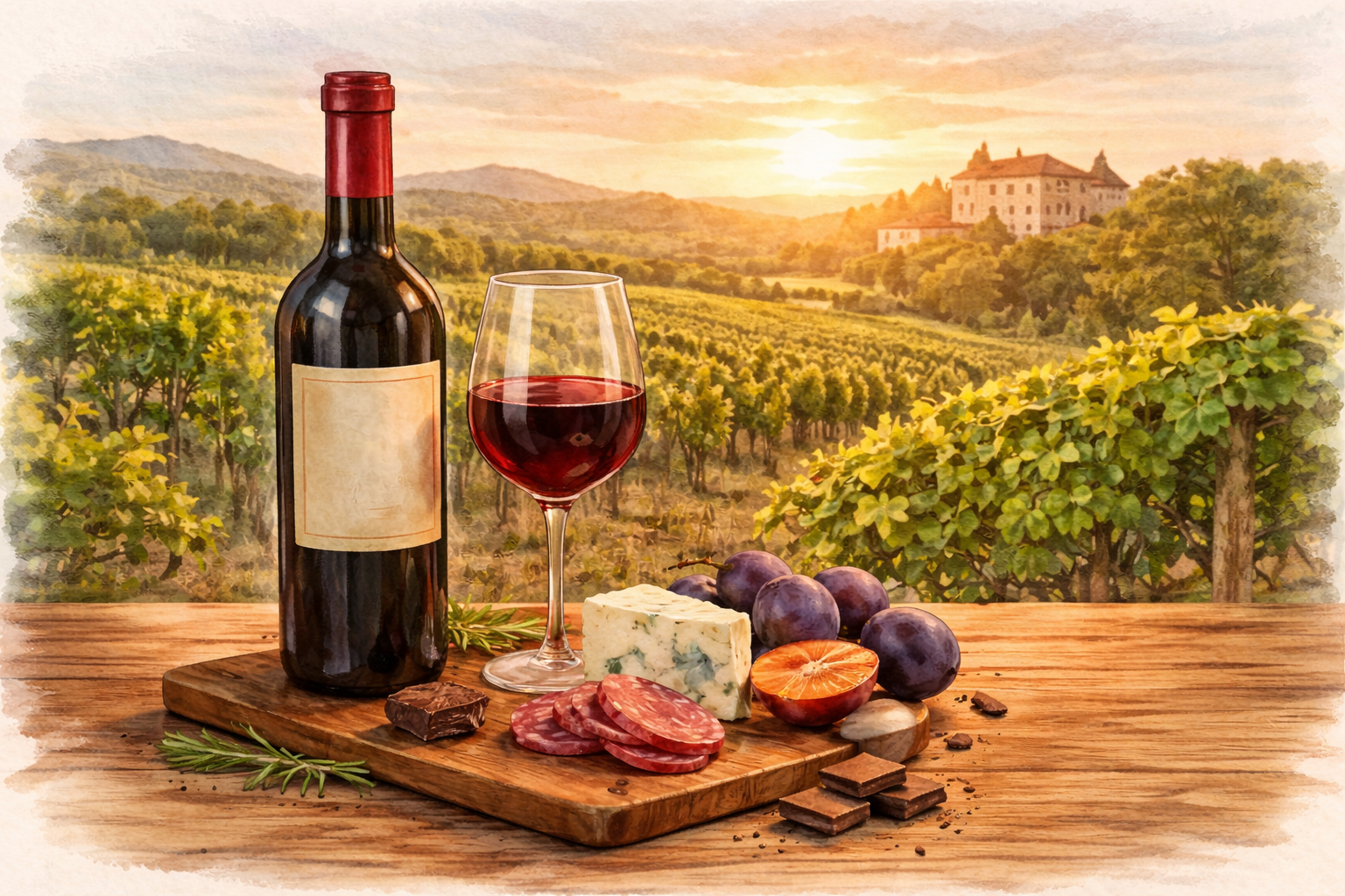 Merlot bottle and glass with grapes, cheese, and charcuterie on a wooden table in front of a vineyard.