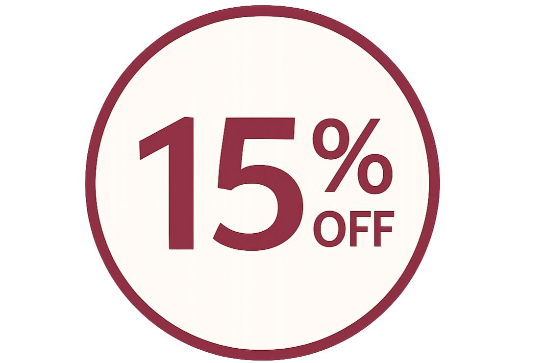 A circular sale sign offering 15% off.
