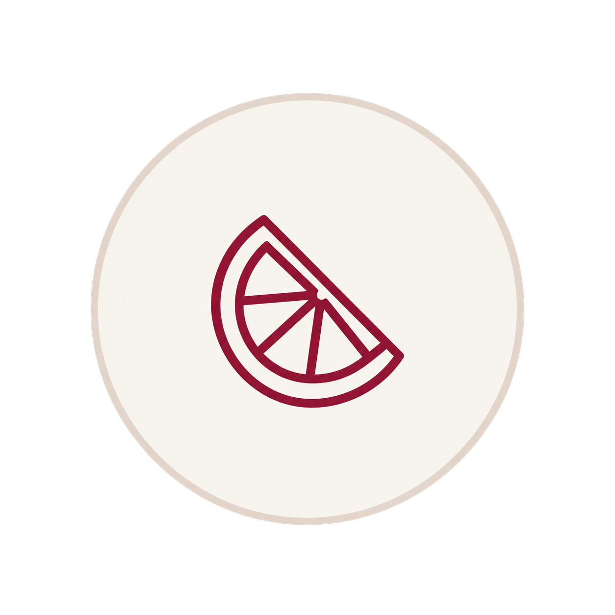 A white circular button with a maroon outline of a lemon wedge
